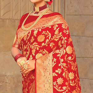 Glowing Red Colored Festive Wear Woven Pure Silk Saree - Peachmode