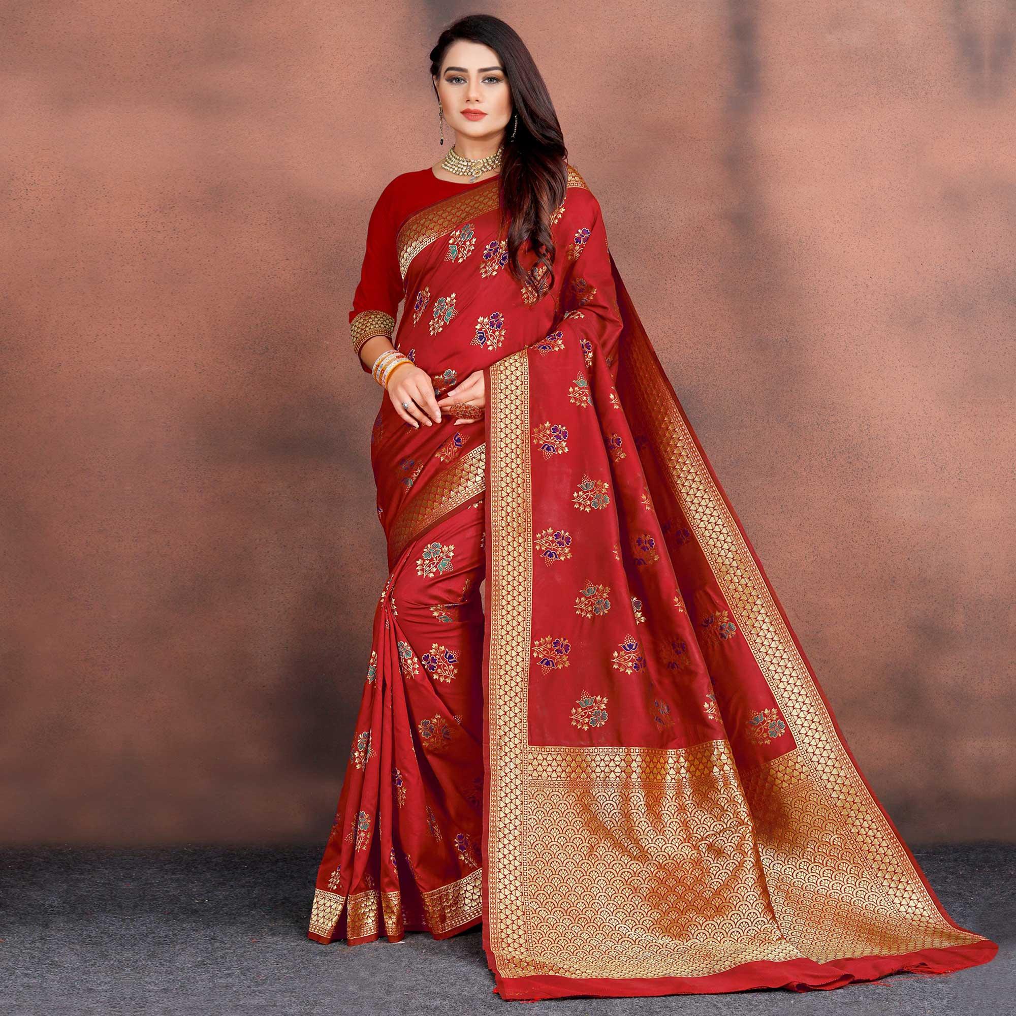 Glowing Red Colored Festive Wear Woven Silk Saree - Peachmode