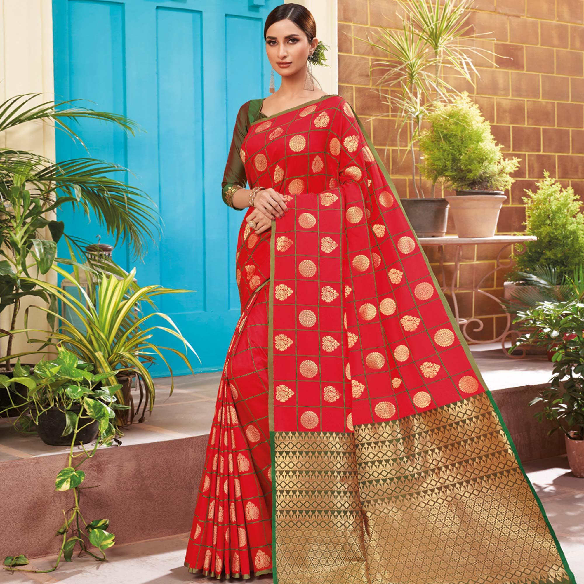 Glowing Red Colored Festive Wear Woven Silk Saree - Peachmode