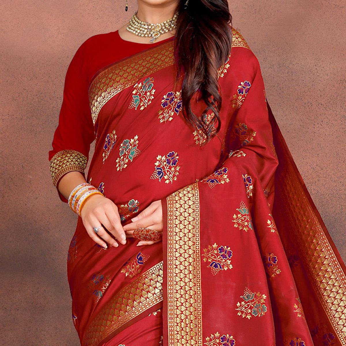 Glowing Red Colored Festive Wear Woven Silk Saree - Peachmode