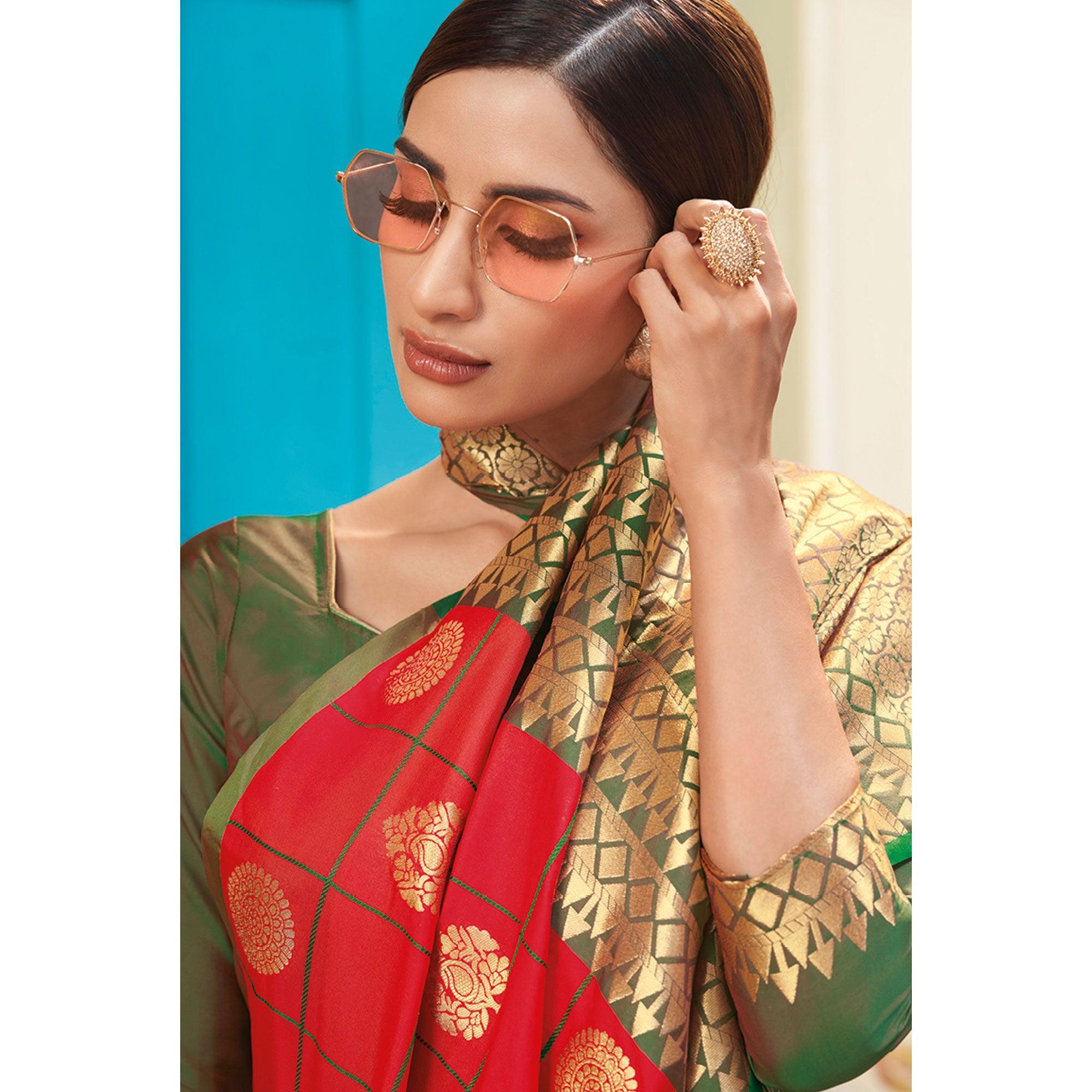 Glowing Red Colored Festive Wear Woven Silk Saree - Peachmode