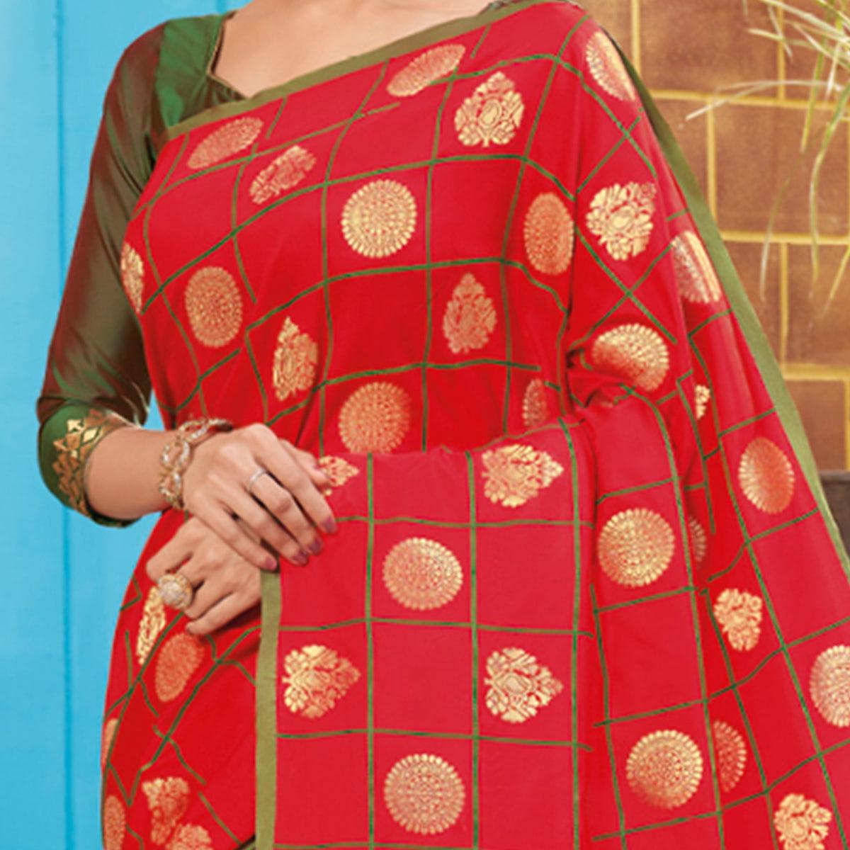 Glowing Red Colored Festive Wear Woven Silk Saree - Peachmode