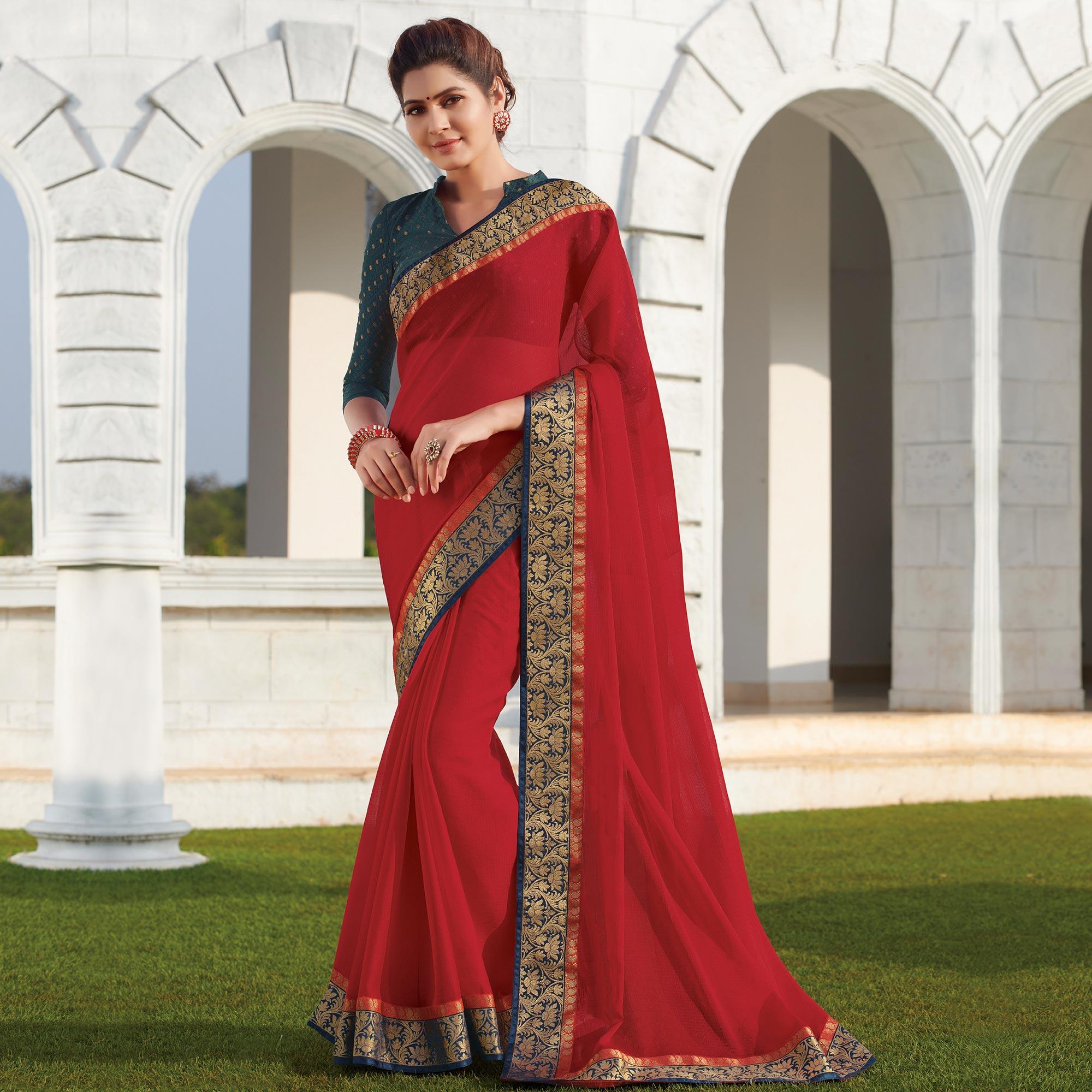 Glowing Red Colored Party Wear Embroidered Chiffon Saree - Peachmode