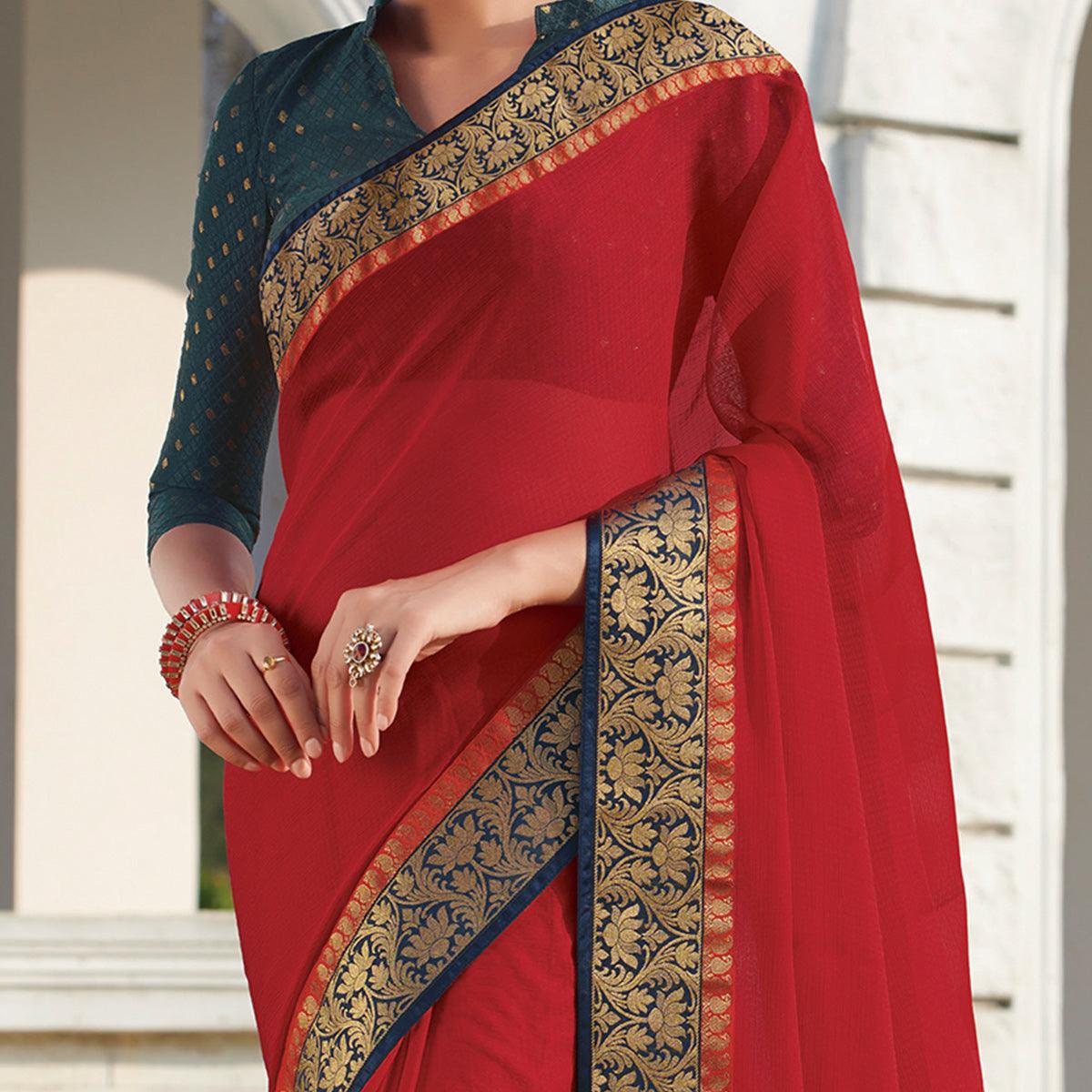 Glowing Red Colored Party Wear Embroidered Chiffon Saree - Peachmode