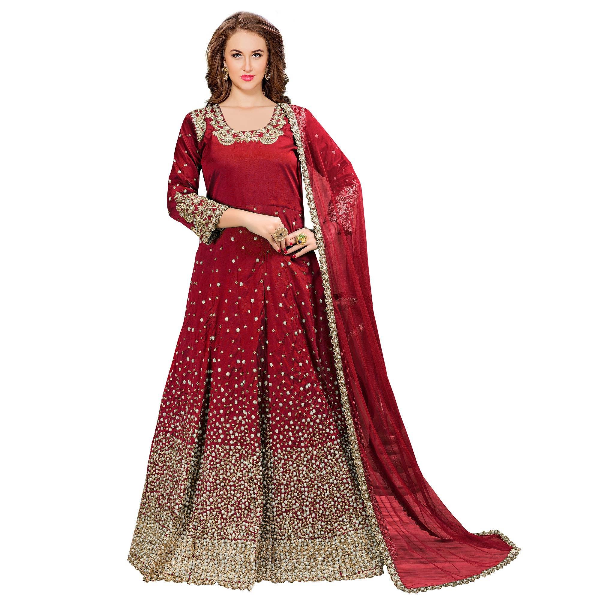 Glowing Red Colored Partywear Embroidered Tapeta Silk Anarkali Suit - Peachmode