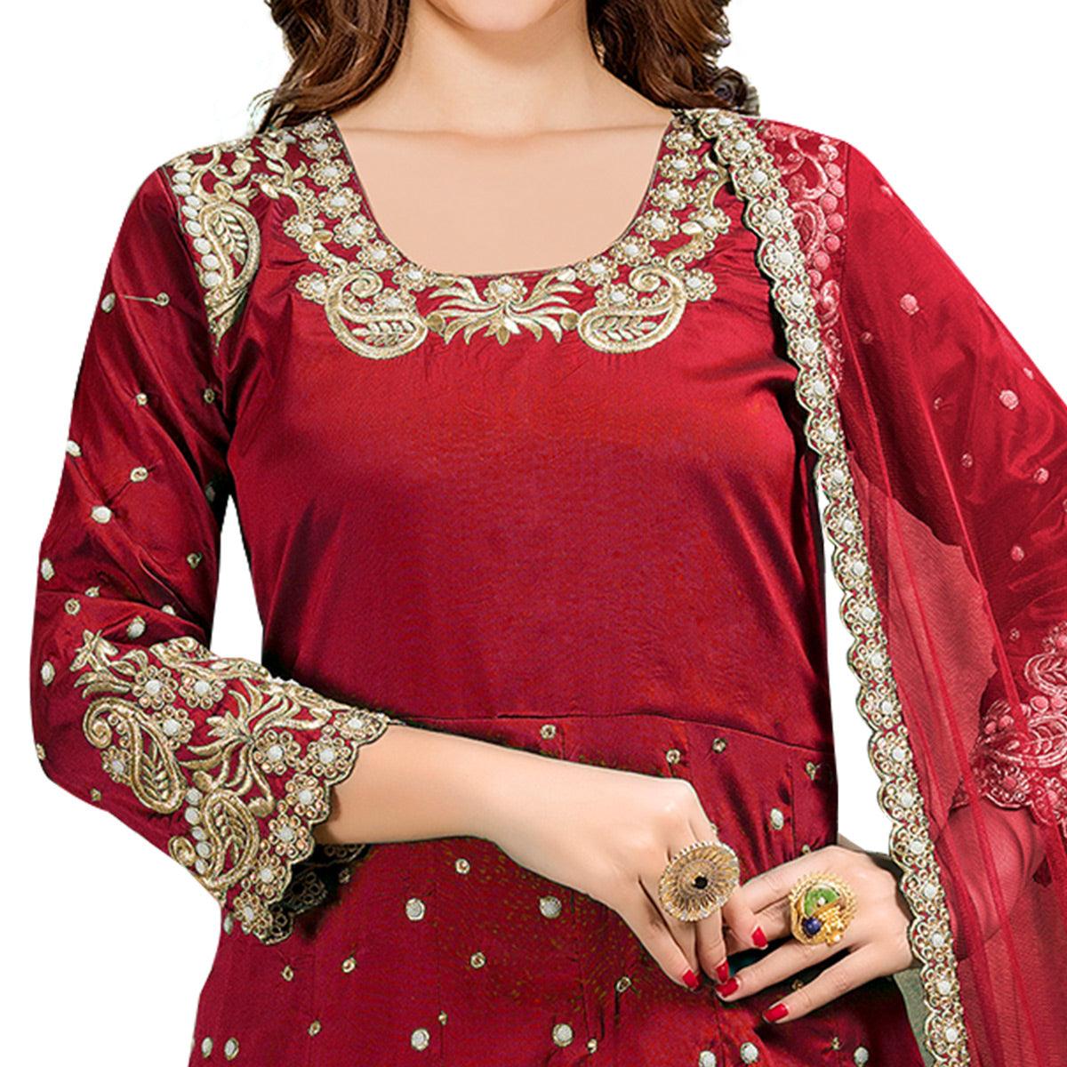 Glowing Red Colored Partywear Embroidered Tapeta Silk Anarkali Suit - Peachmode