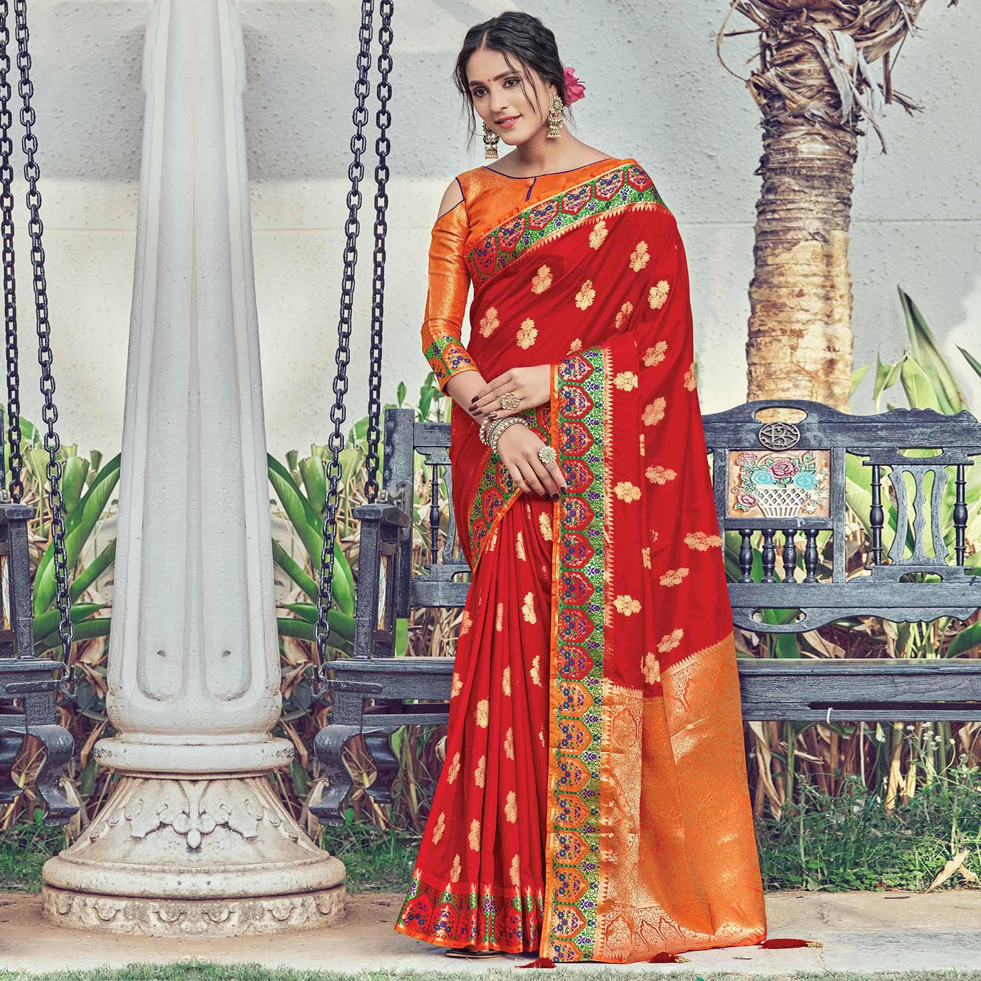 Glowing Red Coloured Festive Wear Woven Silk Saree - Peachmode