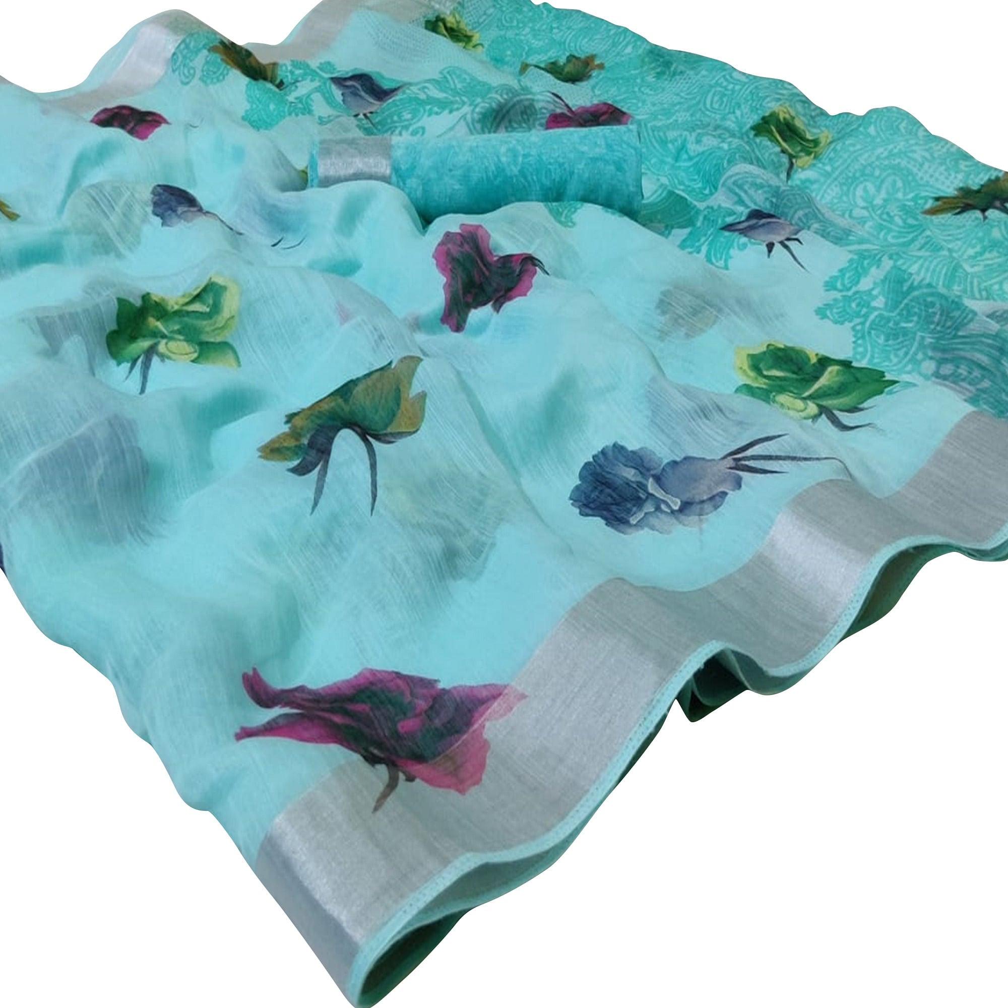 Glowing Sky Blue Colored Casual Wear Printed Linen Saree - Peachmode