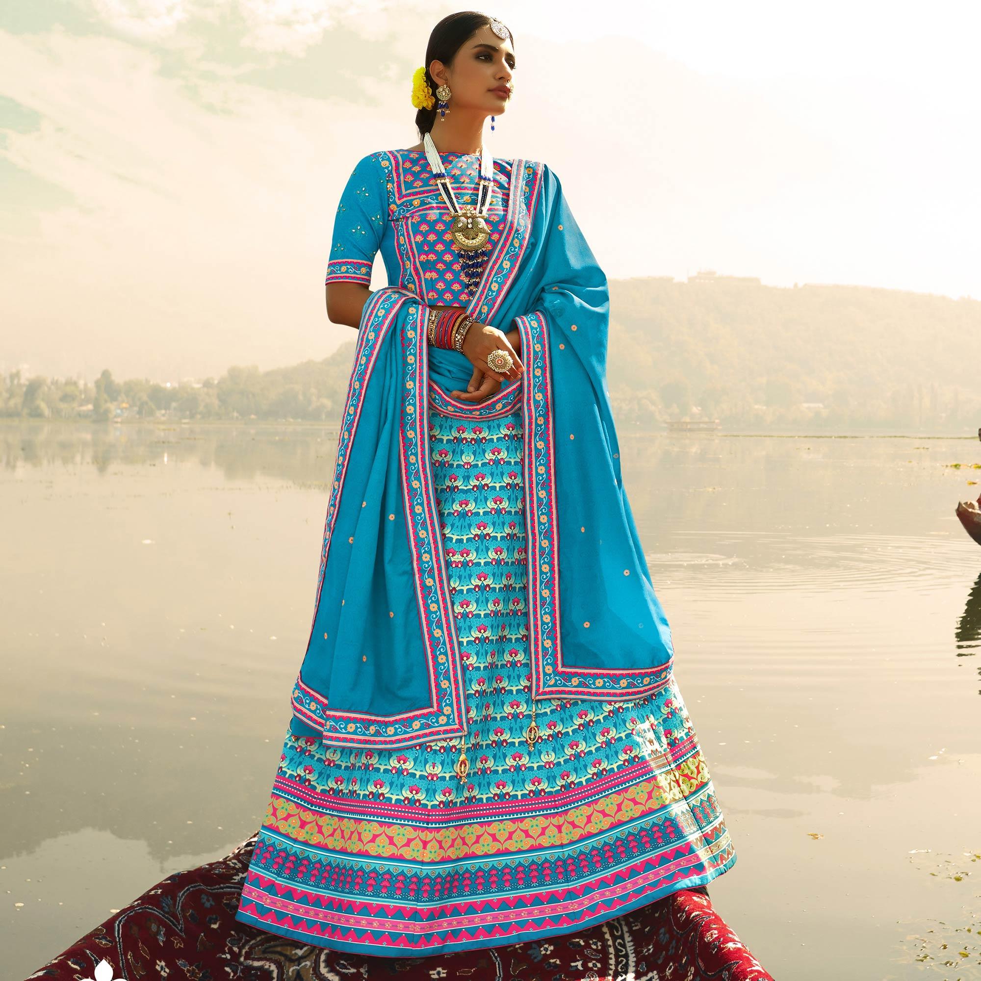 Glowing Sky Blue Coloured Wedding Wear Designer Stone Work Heavy Silk Lehenga Choli - Peachmode