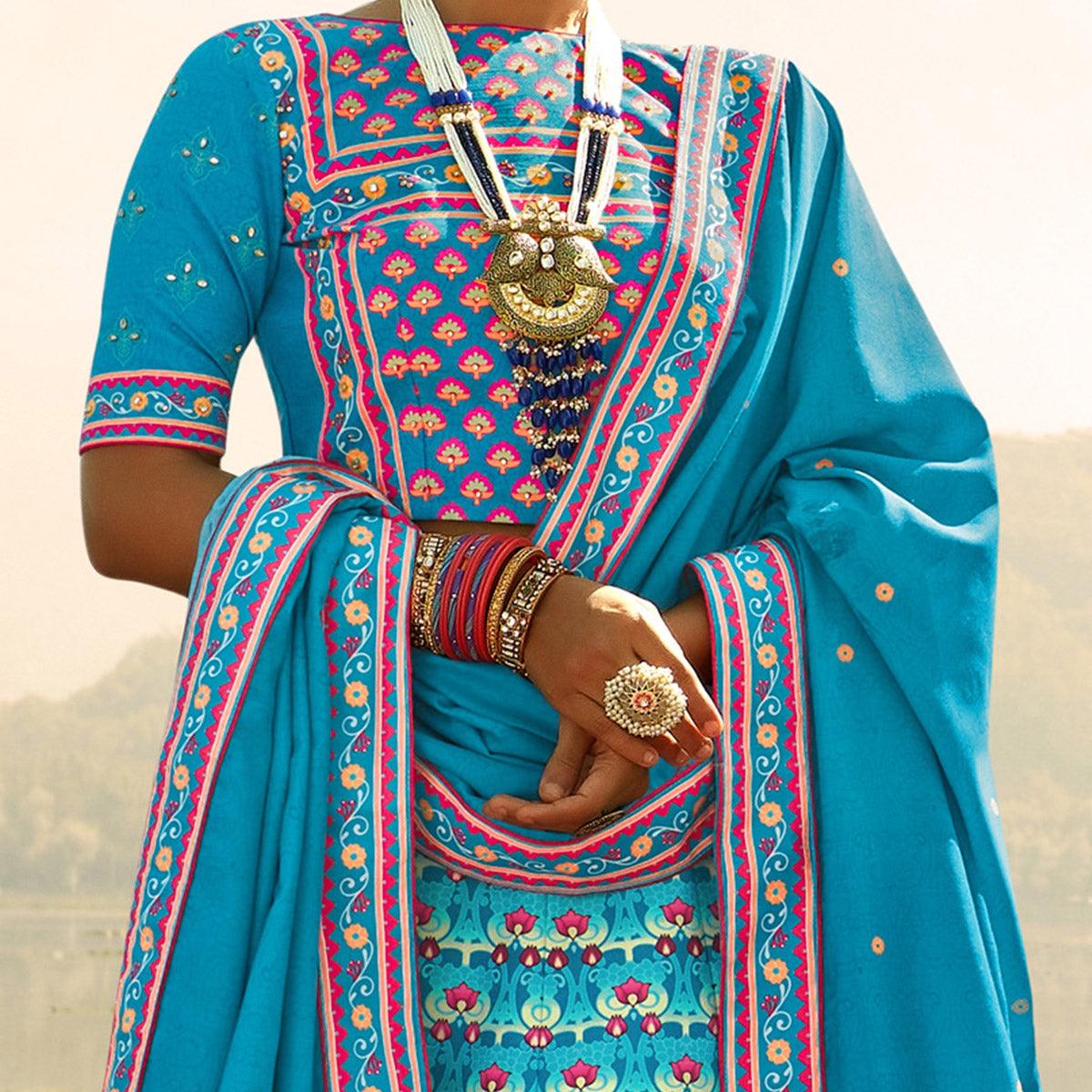 Glowing Sky Blue Coloured Wedding Wear Designer Stone Work Heavy Silk Lehenga Choli - Peachmode