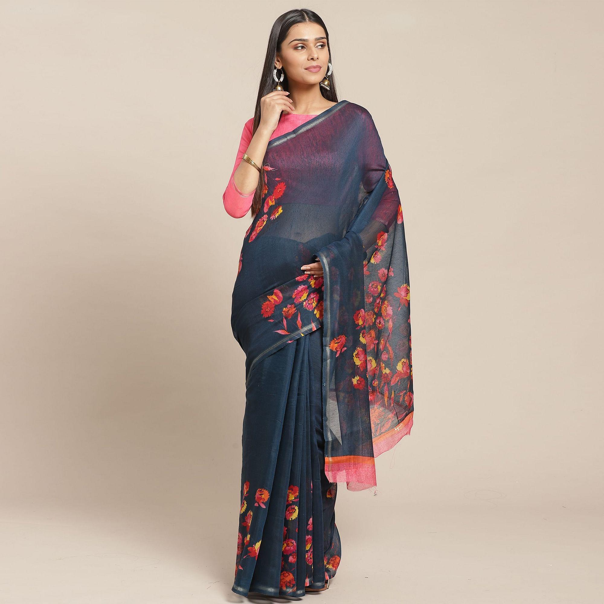 Glowing Teal Green Colored Casual Wear Printed Cotton Blend Saree - Peachmode
