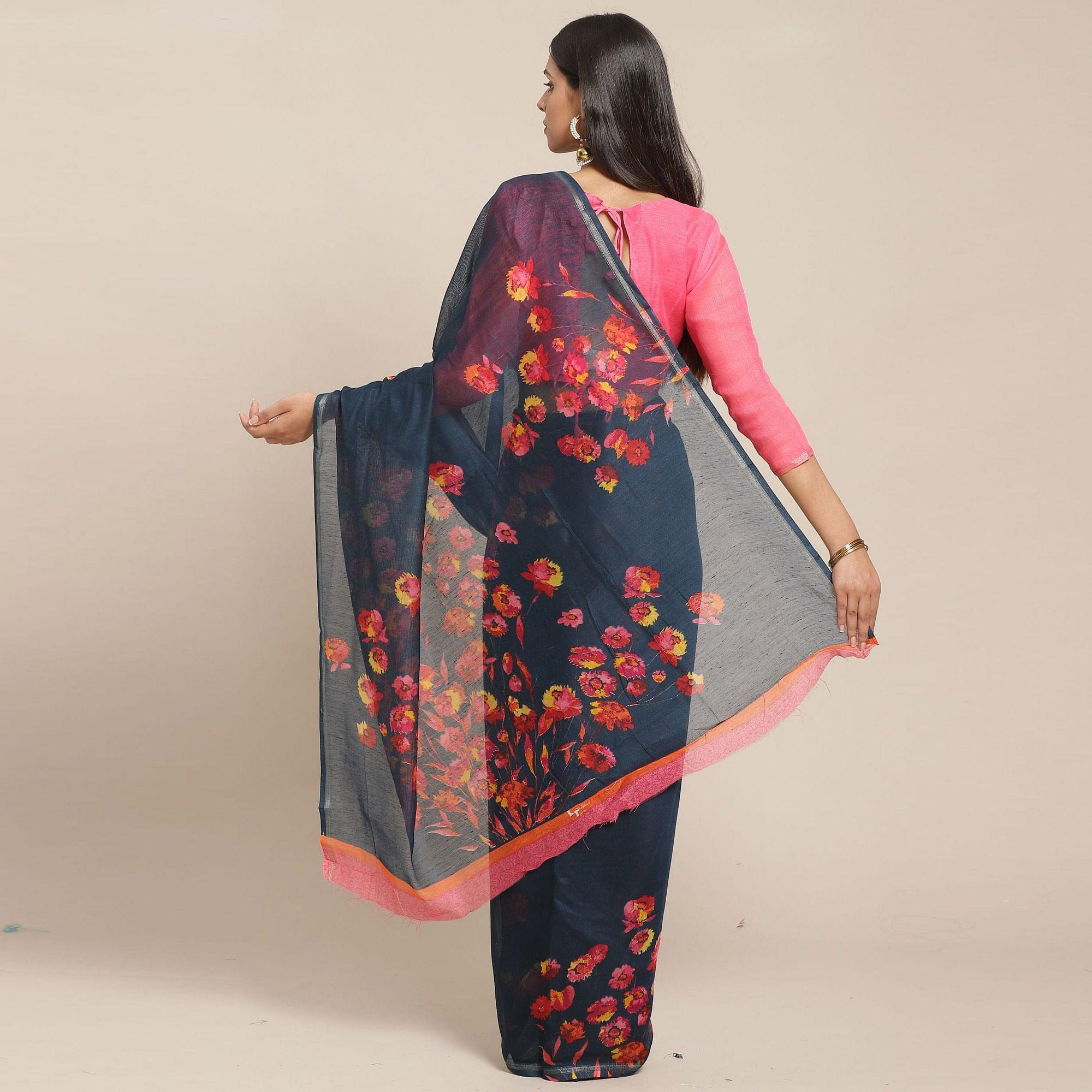 Glowing Teal Green Colored Casual Wear Printed Cotton Blend Saree - Peachmode