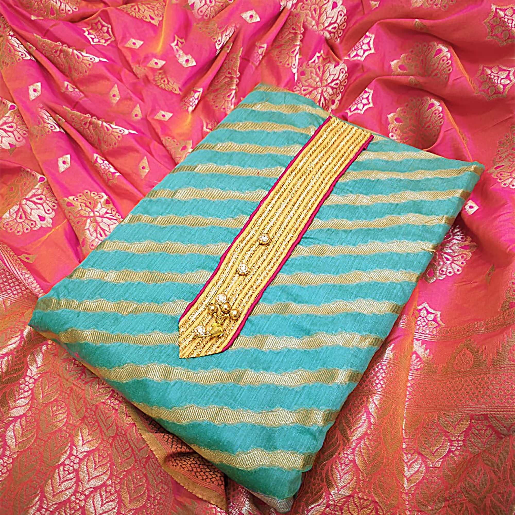 Glowing Turquoise Blue Colored Festive Wear Jacquard Silk Dress Material - Peachmode