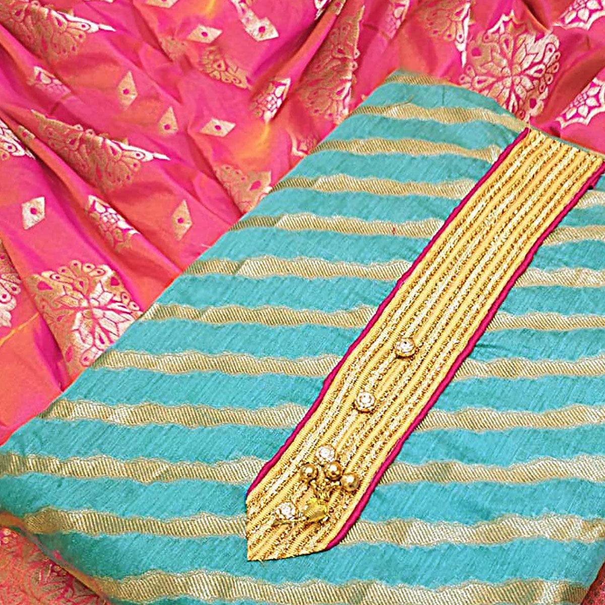 Glowing Turquoise Blue Colored Festive Wear Jacquard Silk Dress Material - Peachmode