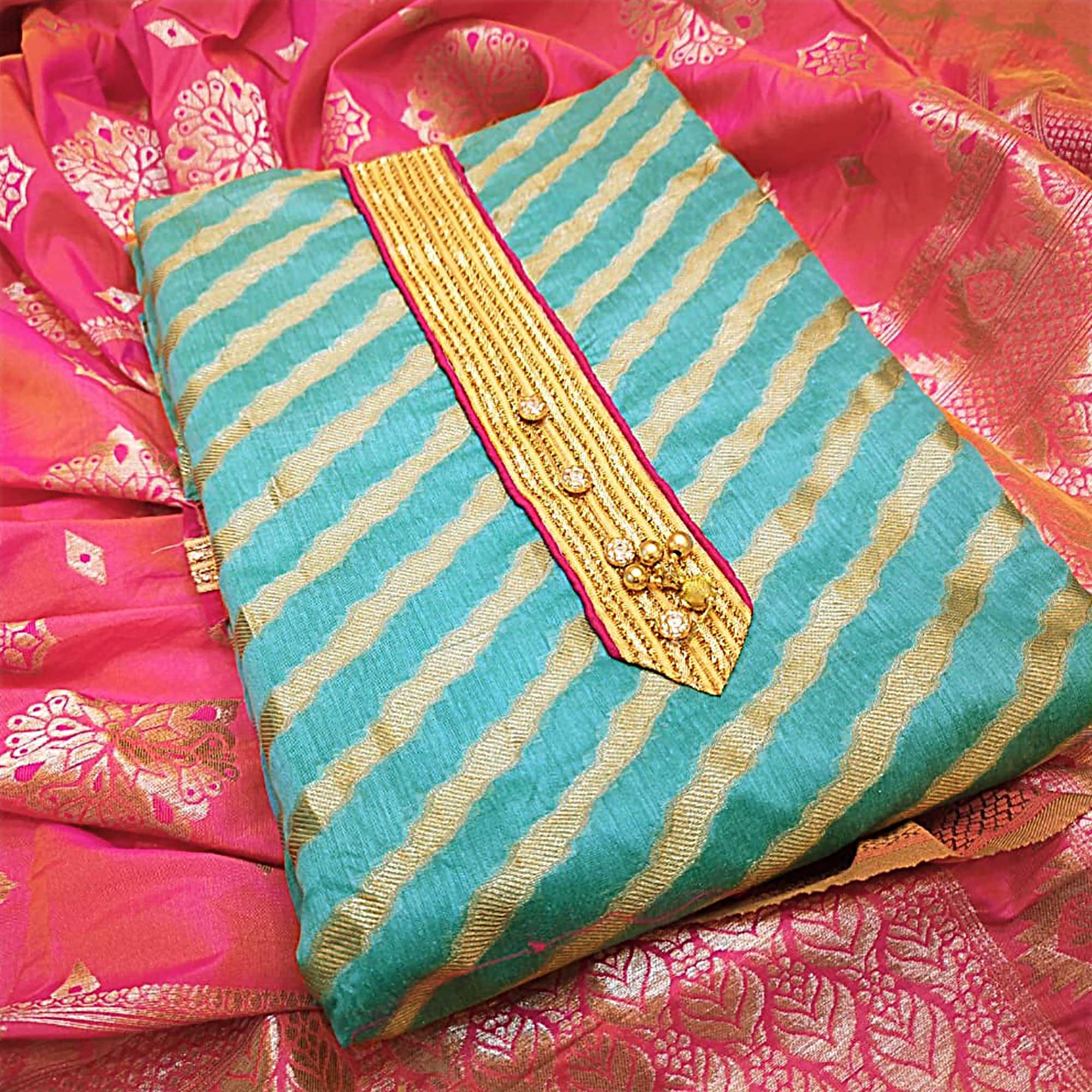 Glowing Turquoise Blue Colored Festive Wear Jacquard Silk Dress Material - Peachmode