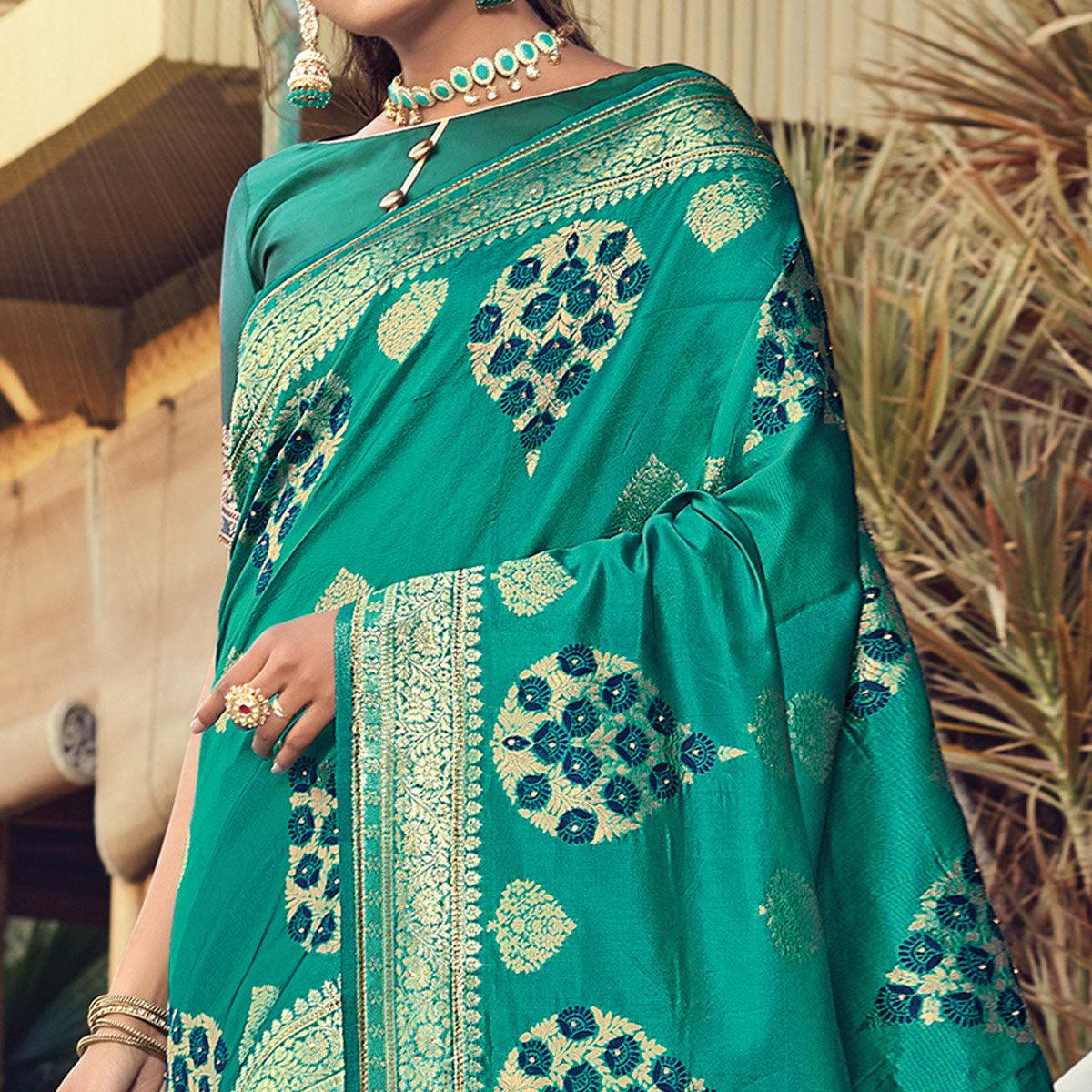 Glowing Turquoise Blue Colored Festive Wear Woven Silk Saree - Peachmode