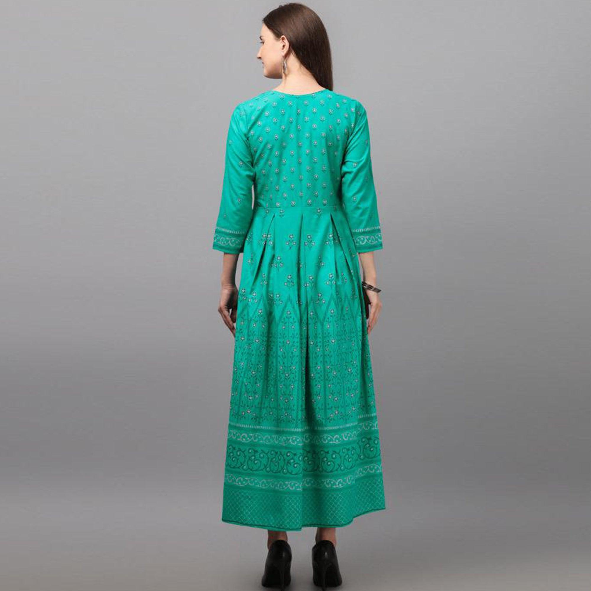 Glowing Turquoise Coloured Casual Wear Printed Rayon Malai Kurti - Peachmode