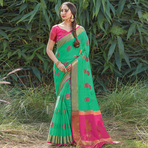 Glowing Turquoise Green Colored Festive Wear Woven Cotton Handloom Saree - Peachmode
