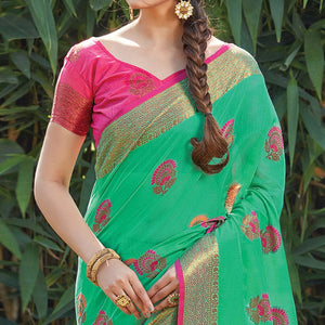 Glowing Turquoise Green Colored Festive Wear Woven Cotton Handloom Saree - Peachmode