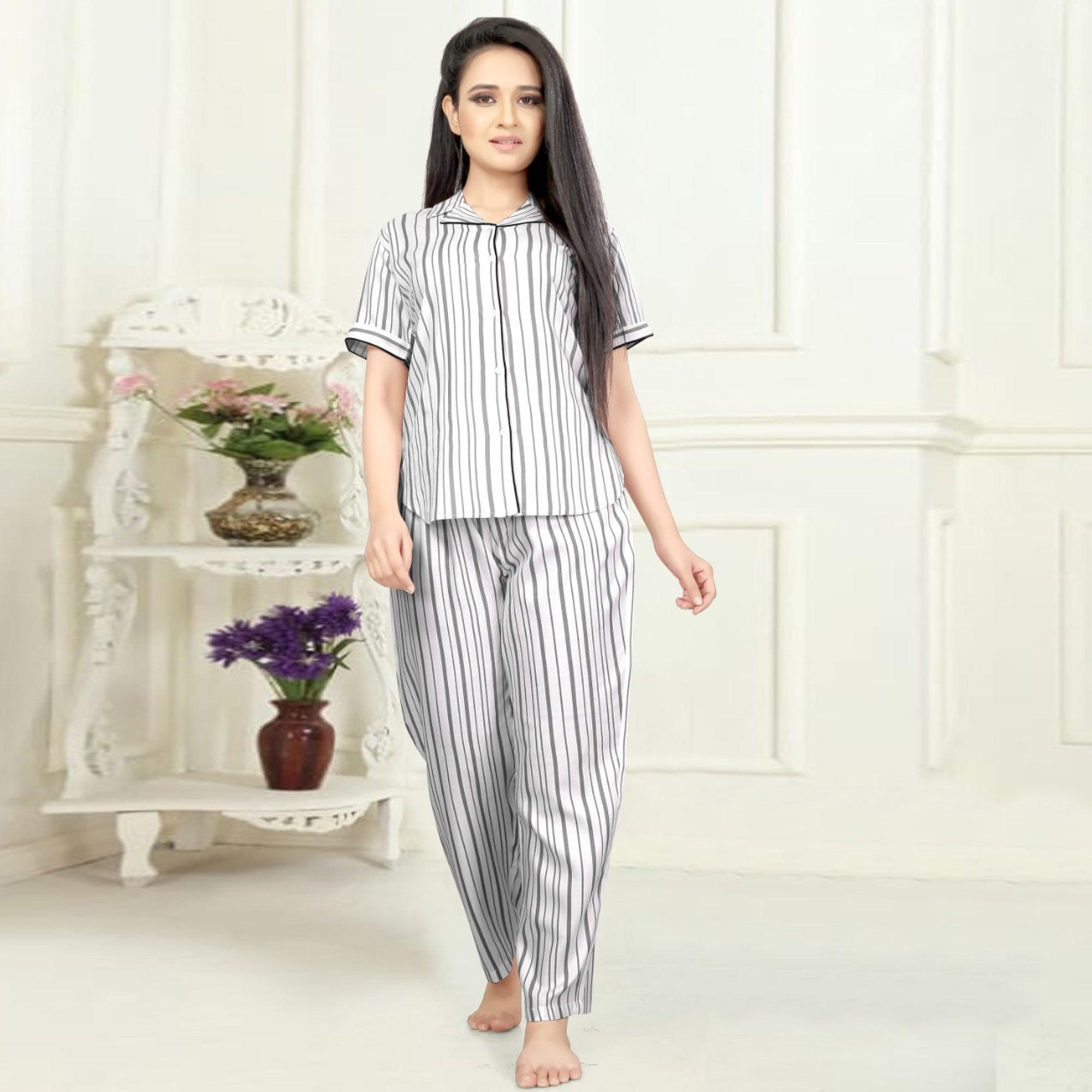 Glowing White - Grey Colored Printed Cotton Rayon Night Suit - Peachmode