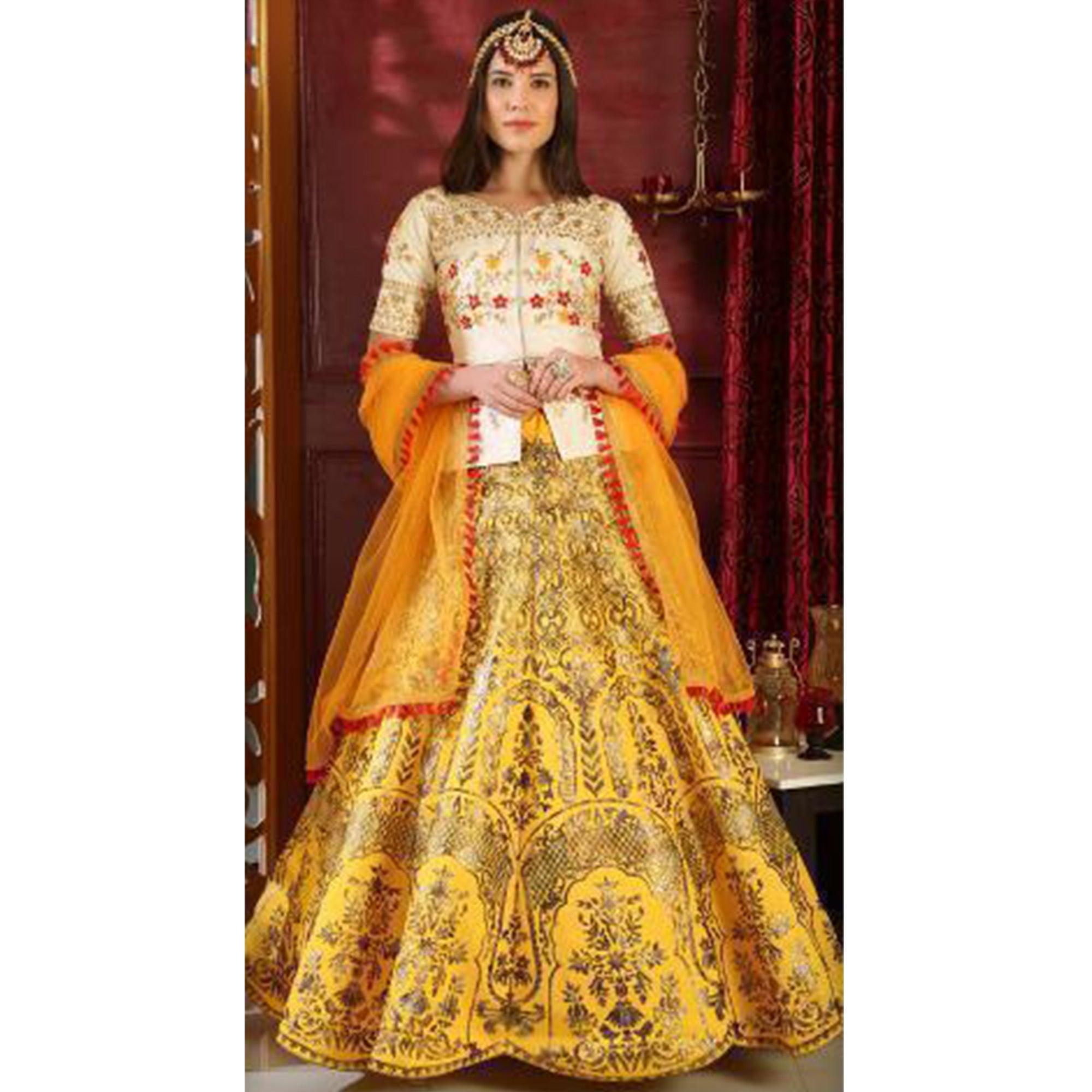 Glowing White-Yellow Colored Party Wear Foil Print Silk Lehenga Choli - Peachmode