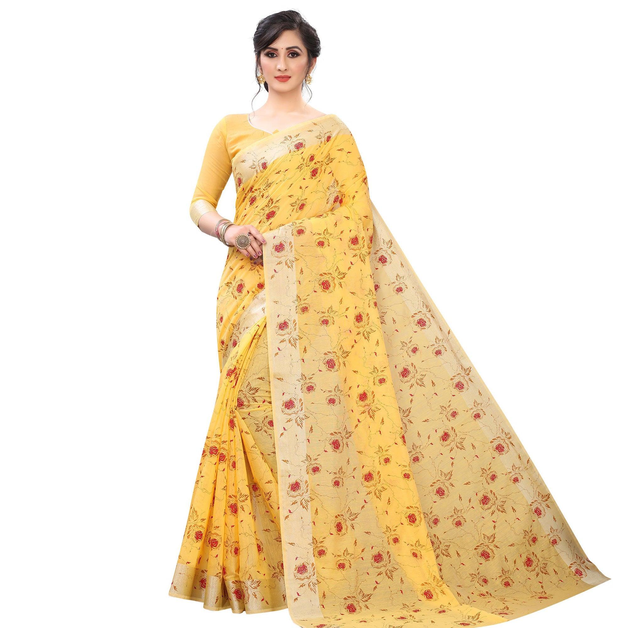 Glowing Yellow Colored Casual Wear Printed Cotton Linen Saree - Peachmode