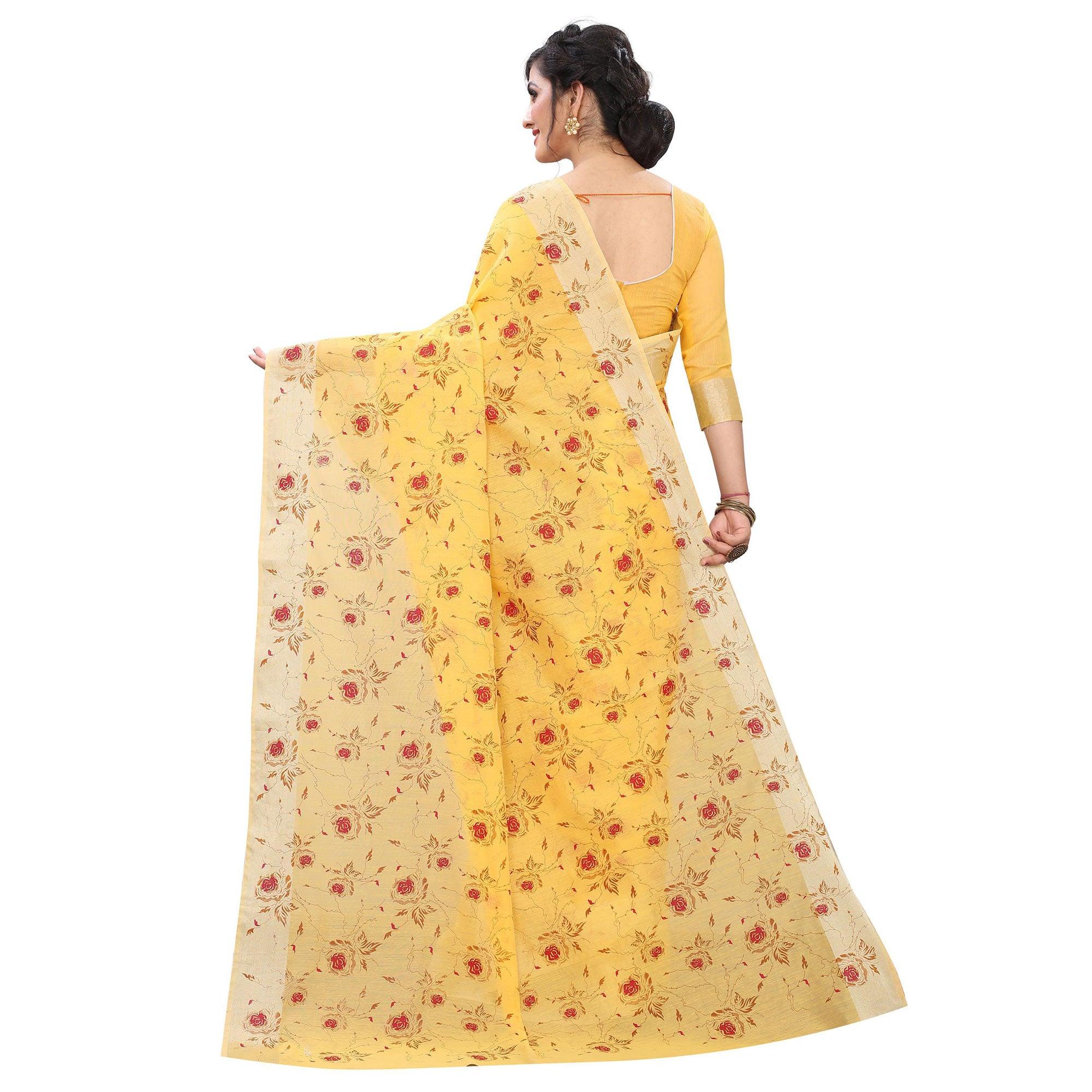 Glowing Yellow Colored Casual Wear Printed Cotton Linen Saree - Peachmode