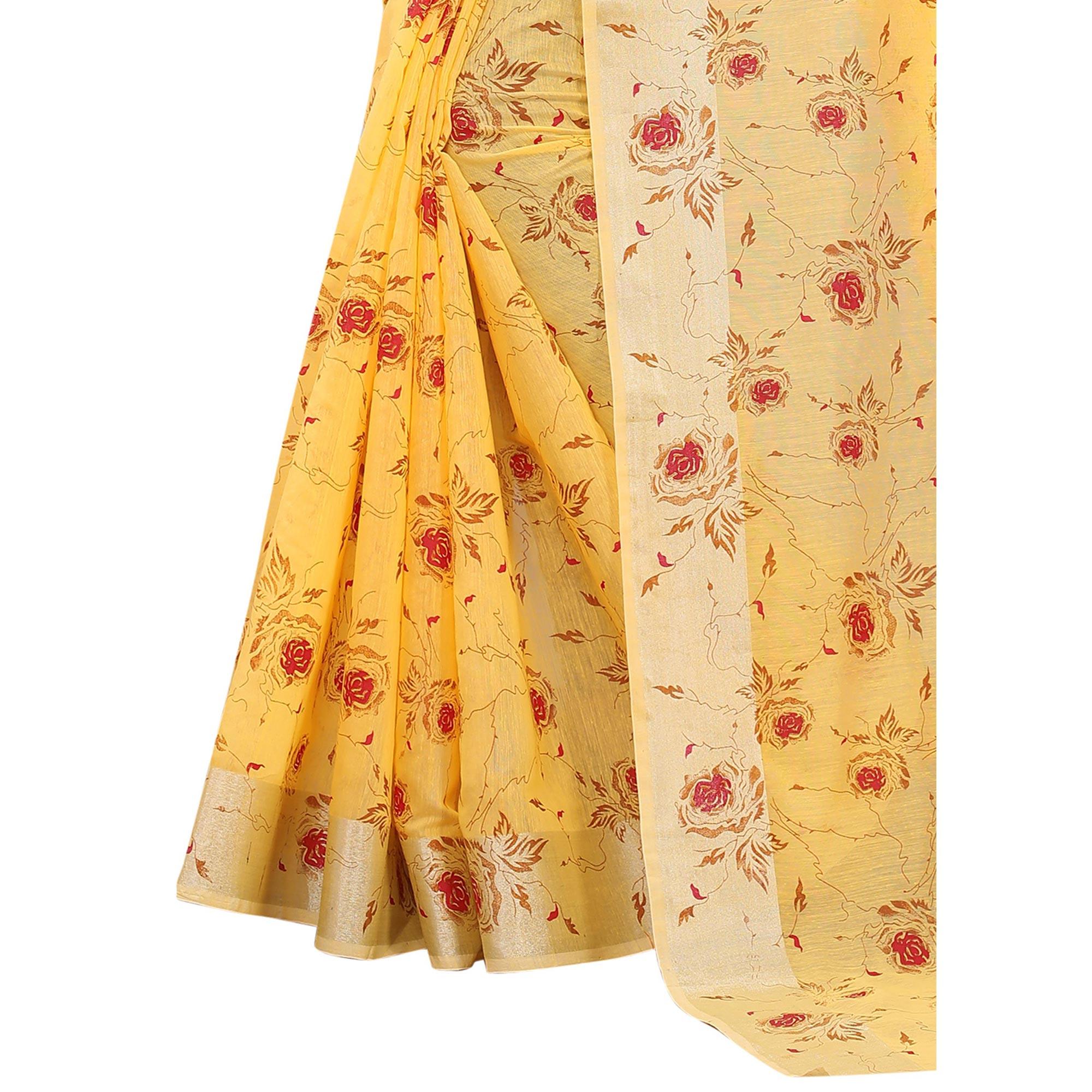 Glowing Yellow Colored Casual Wear Printed Cotton Linen Saree - Peachmode