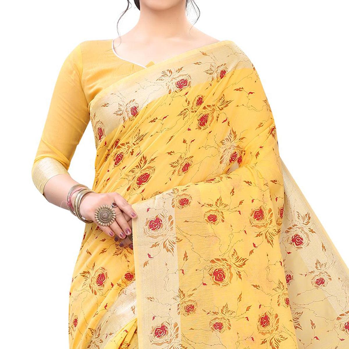 Glowing Yellow Colored Casual Wear Printed Cotton Linen Saree - Peachmode