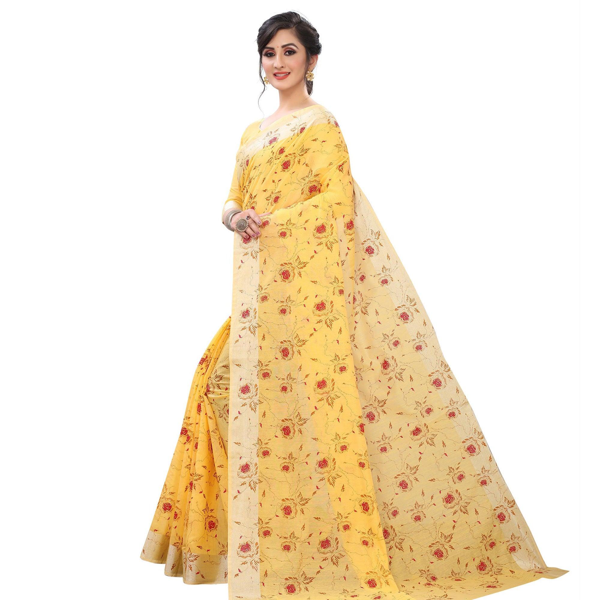 Glowing Yellow Colored Casual Wear Printed Cotton Linen Saree - Peachmode