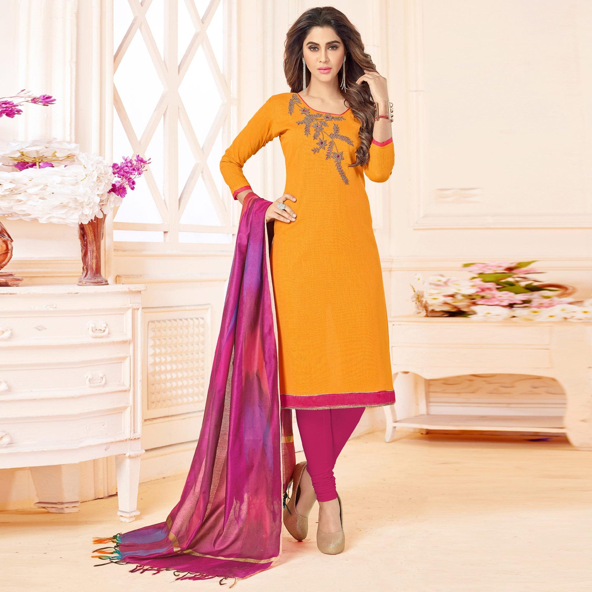 Glowing Yellow Colored Embroidered Khadi Silk Dress Material - Peachmode