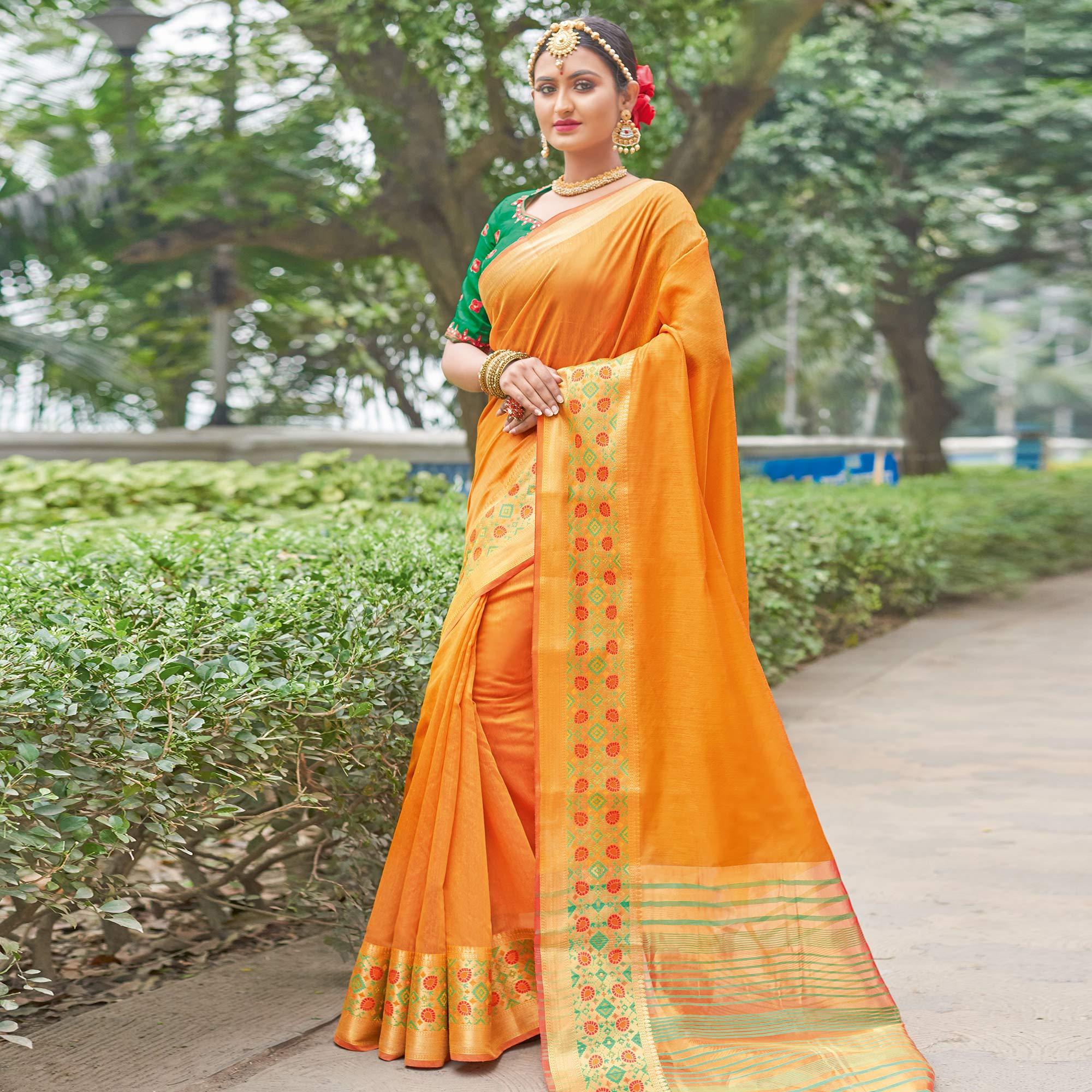 Glowing Yellow Colored Festive Wear Woven Handloom Silk Saree - Peachmode