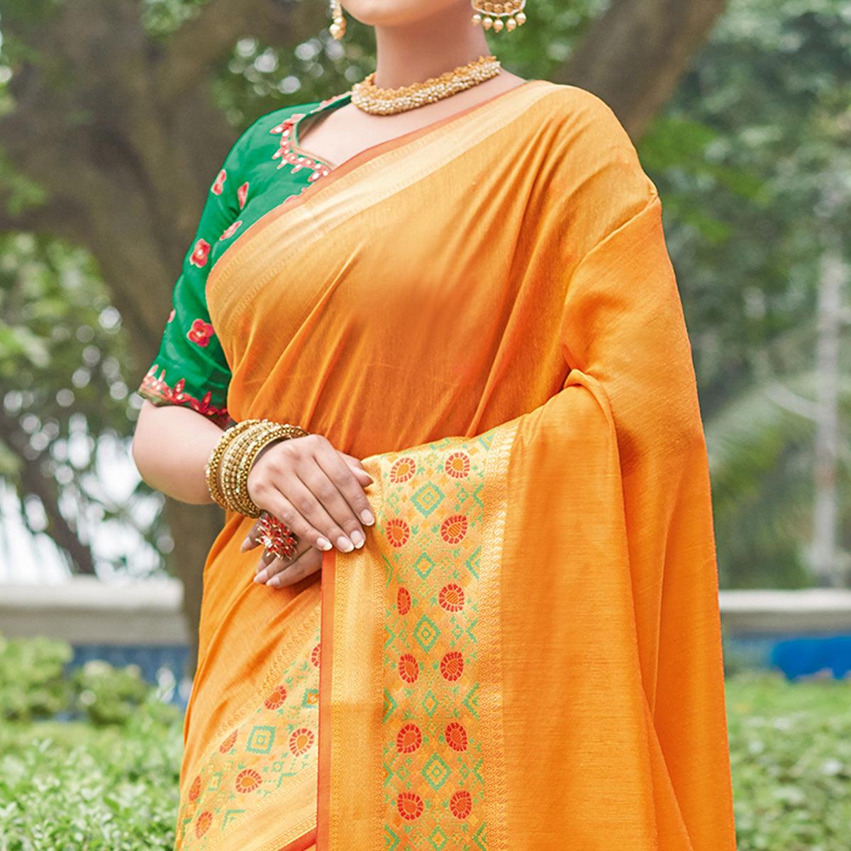 Glowing Yellow Colored Festive Wear Woven Handloom Silk Saree - Peachmode