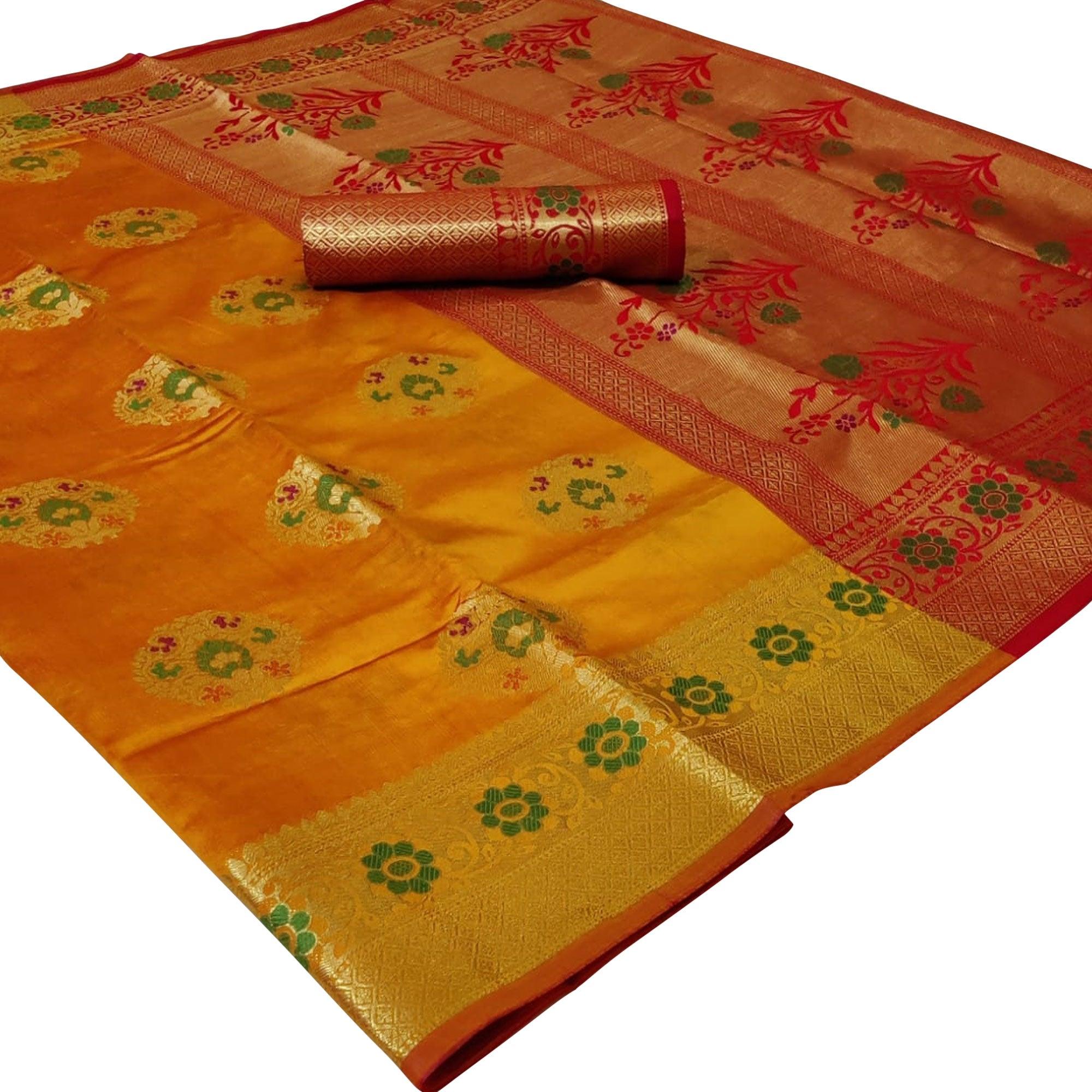 Glowing Yellow Colored Festive Wear Woven Silk Saree - Peachmode