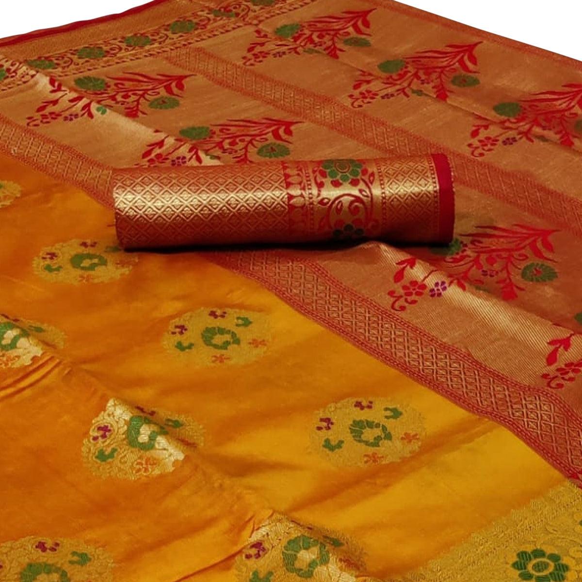 Glowing Yellow Colored Festive Wear Woven Silk Saree - Peachmode