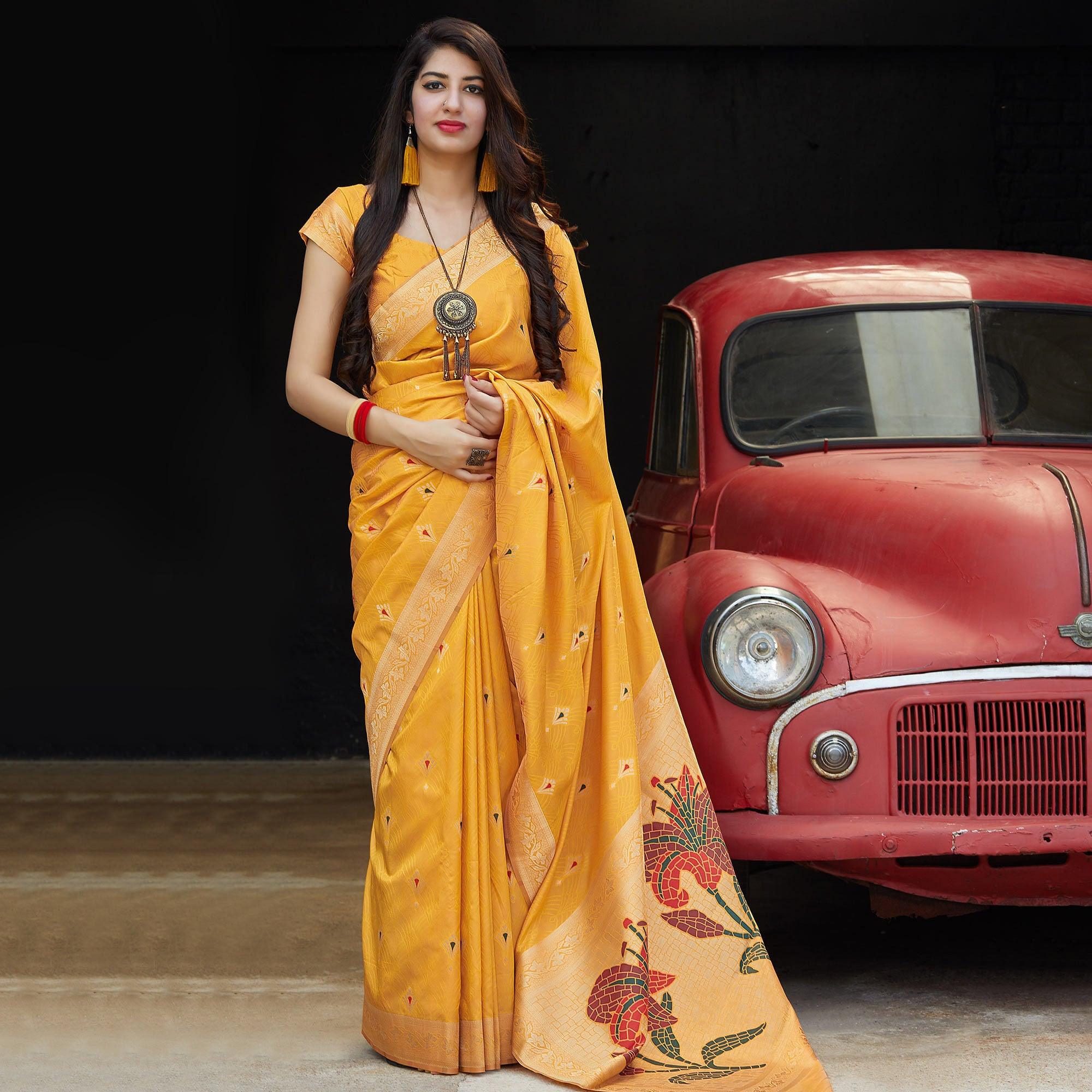 Glowing Yellow Colored Festive Wear Woven Soft Silk Saree - Peachmode