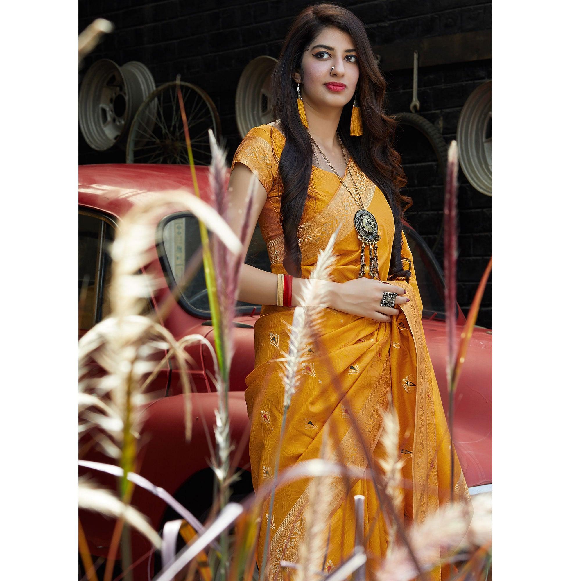 Glowing Yellow Colored Festive Wear Woven Soft Silk Saree - Peachmode