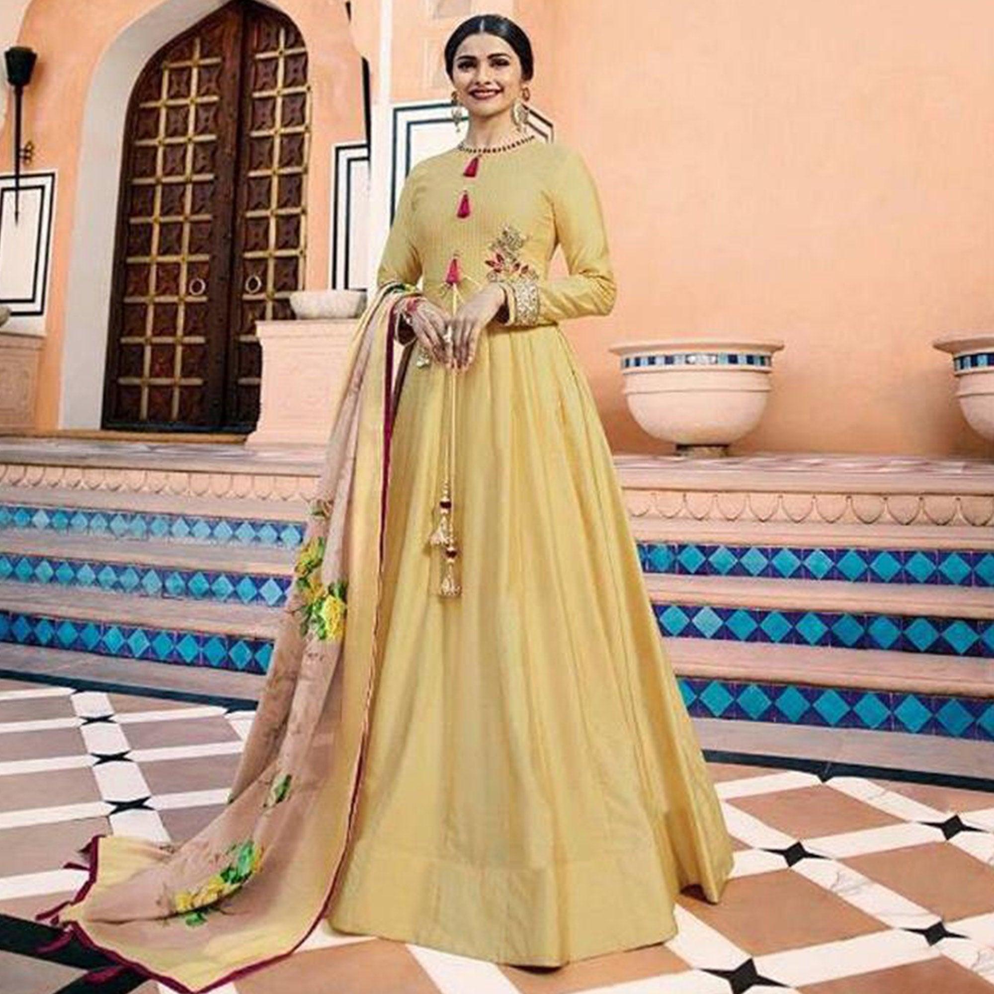 Glowing Yellow Colored Partywear Embroidered Art Silk Anarkali Suit - Peachmode