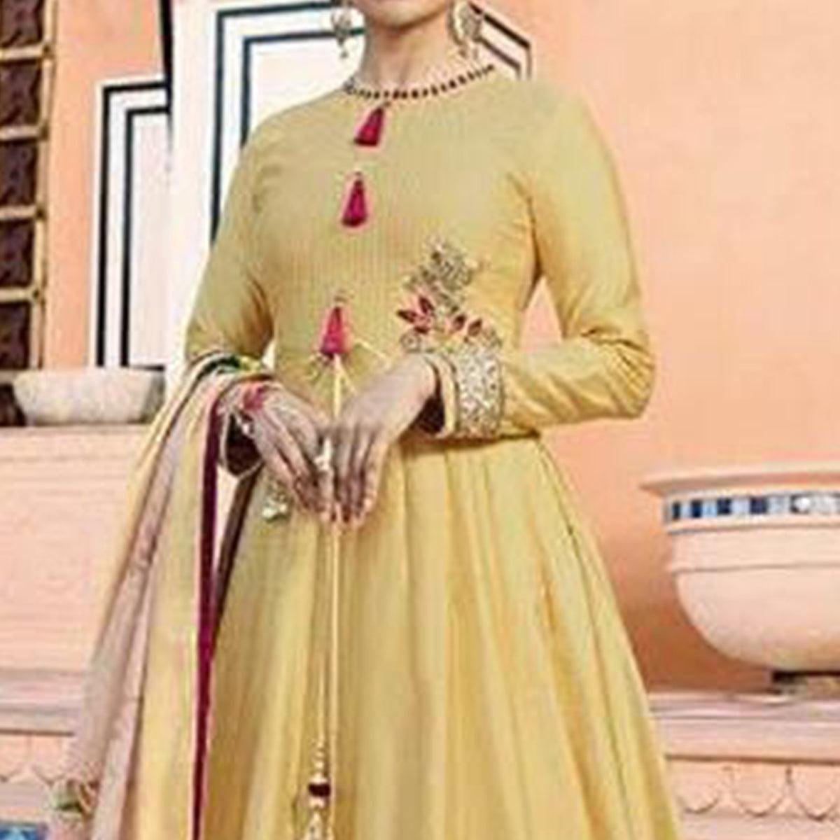 Glowing Yellow Colored Partywear Embroidered Art Silk Anarkali Suit - Peachmode
