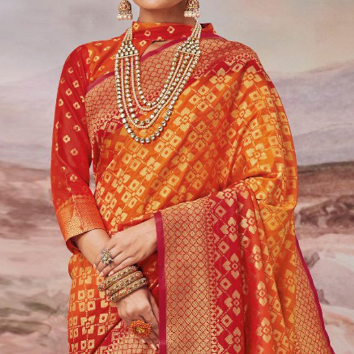 Glowing Yellow - Red Colored Festive Wear Woven Soft Silk Saree - Peachmode