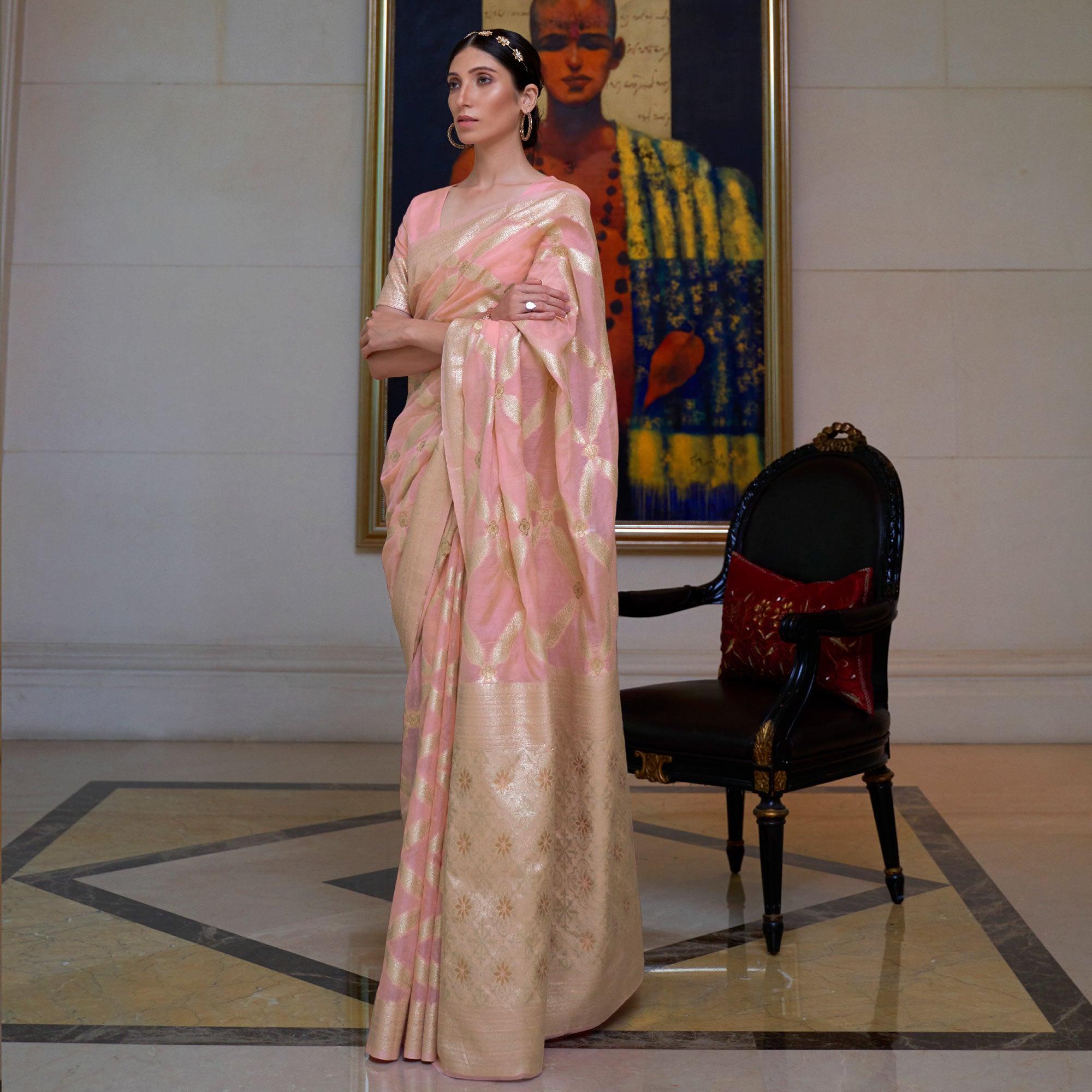 Gold & Peach Partywear Woven Chanderi Saree - Peachmode