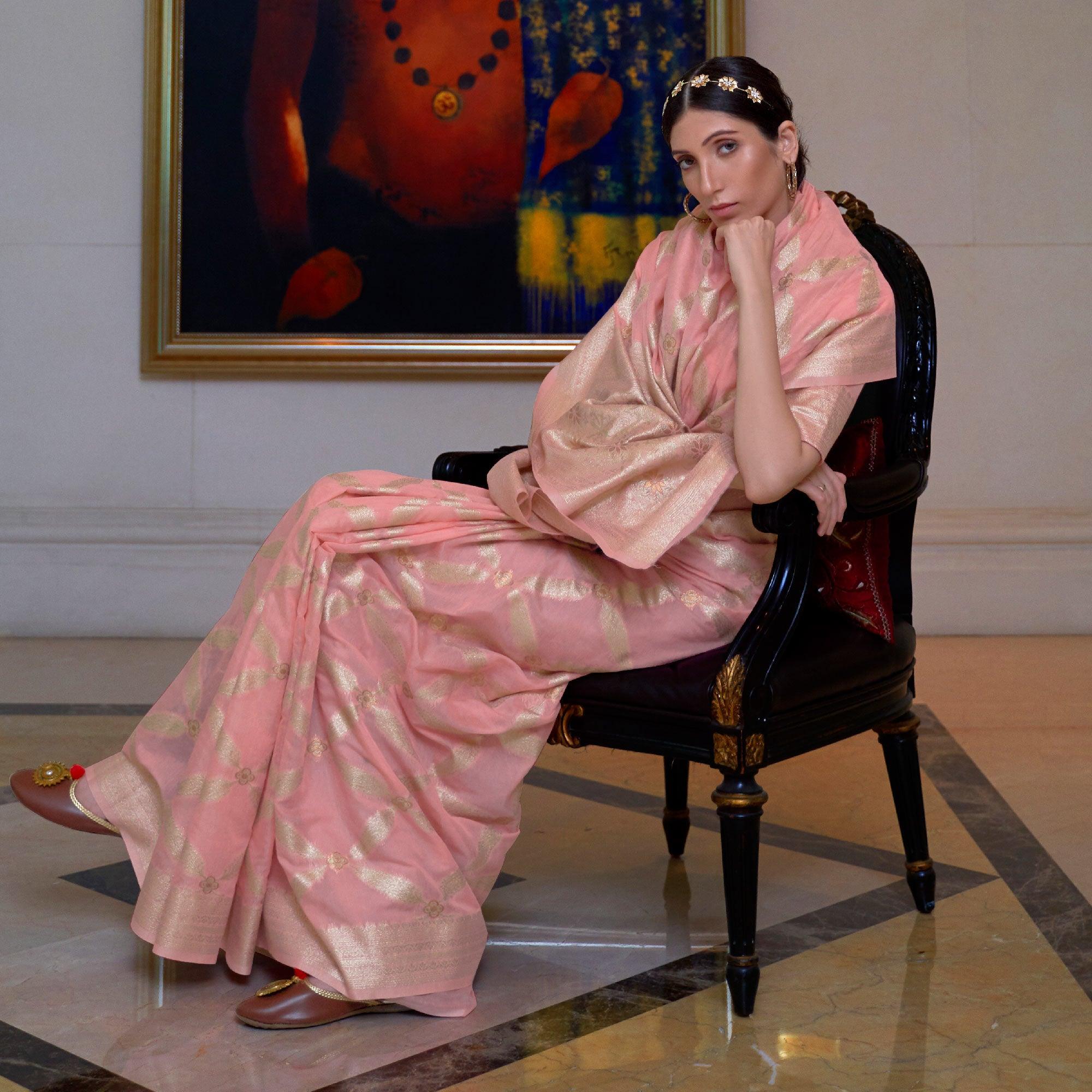 Gold & Peach Partywear Woven Chanderi Saree - Peachmode