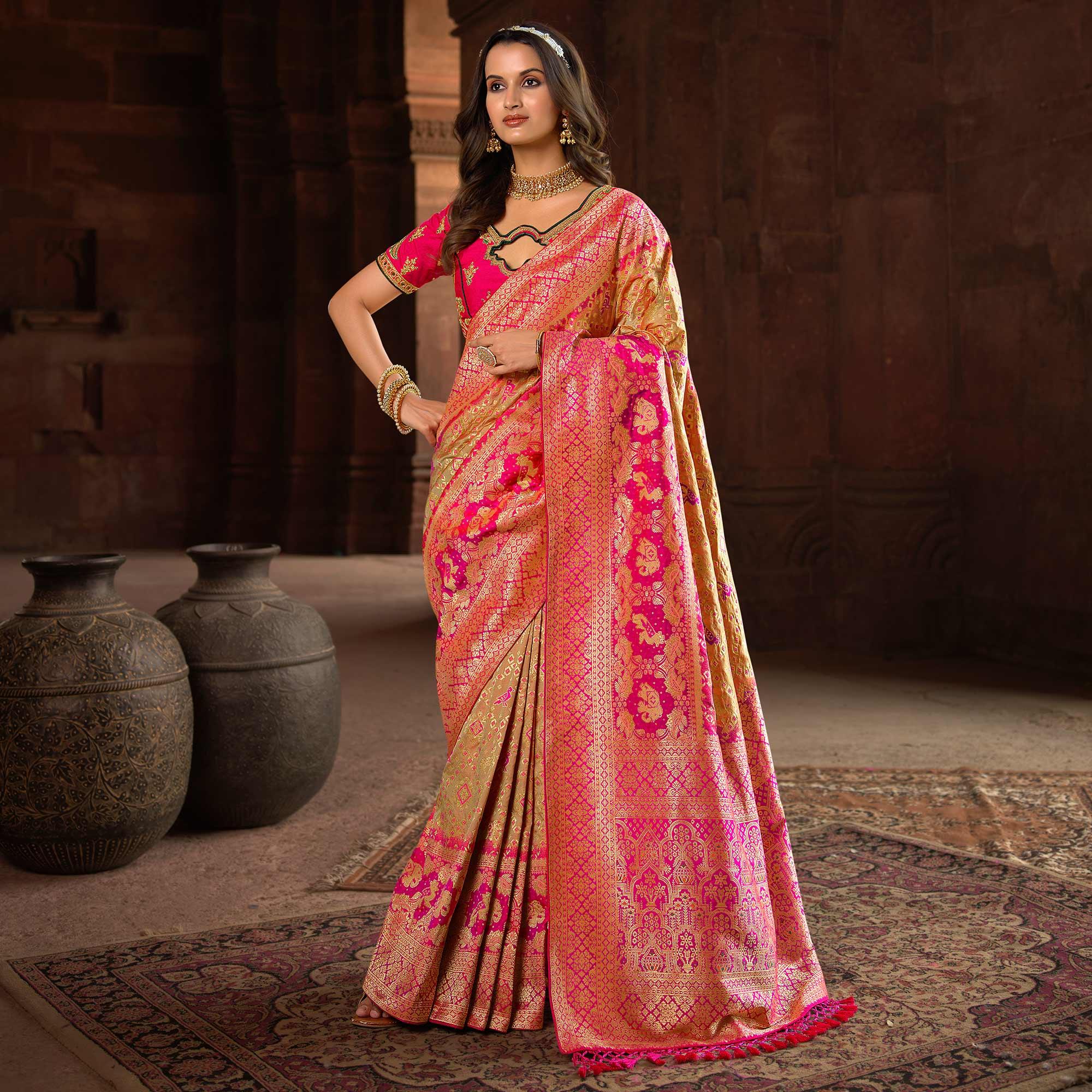 Gold & Rose Pink Woven Banarasi Silk Saree With Tassels - Peachmode