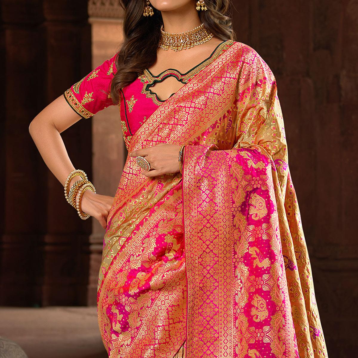 Gold & Rose Pink Woven Banarasi Silk Saree With Tassels - Peachmode