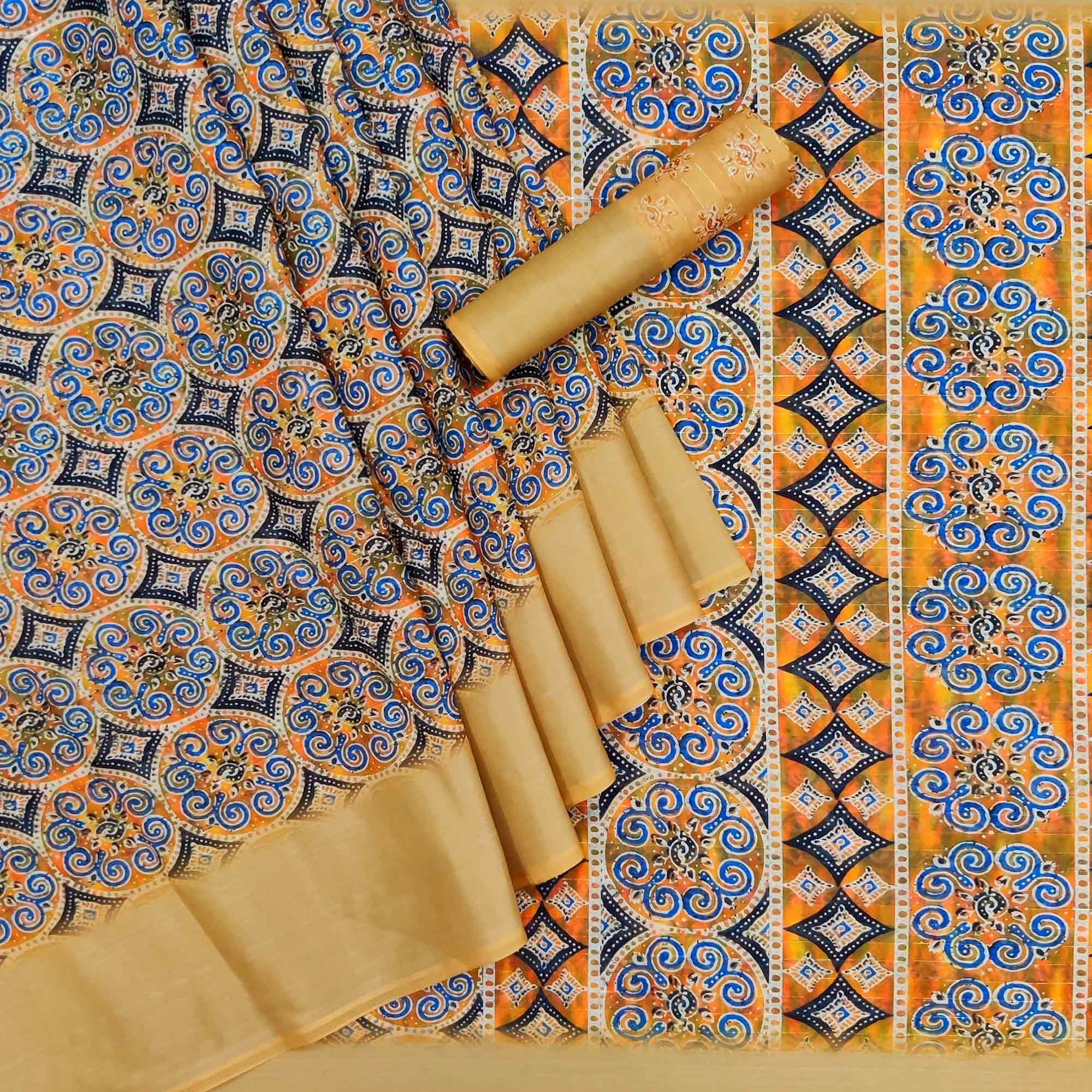 Gold Casual Wear Digital Printed Cotton Silk Saree - Peachmode