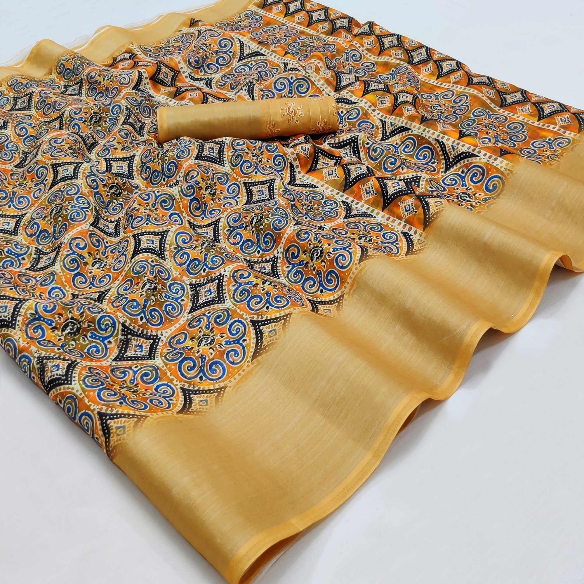 Gold Casual Wear Digital Printed Cotton Silk Saree - Peachmode
