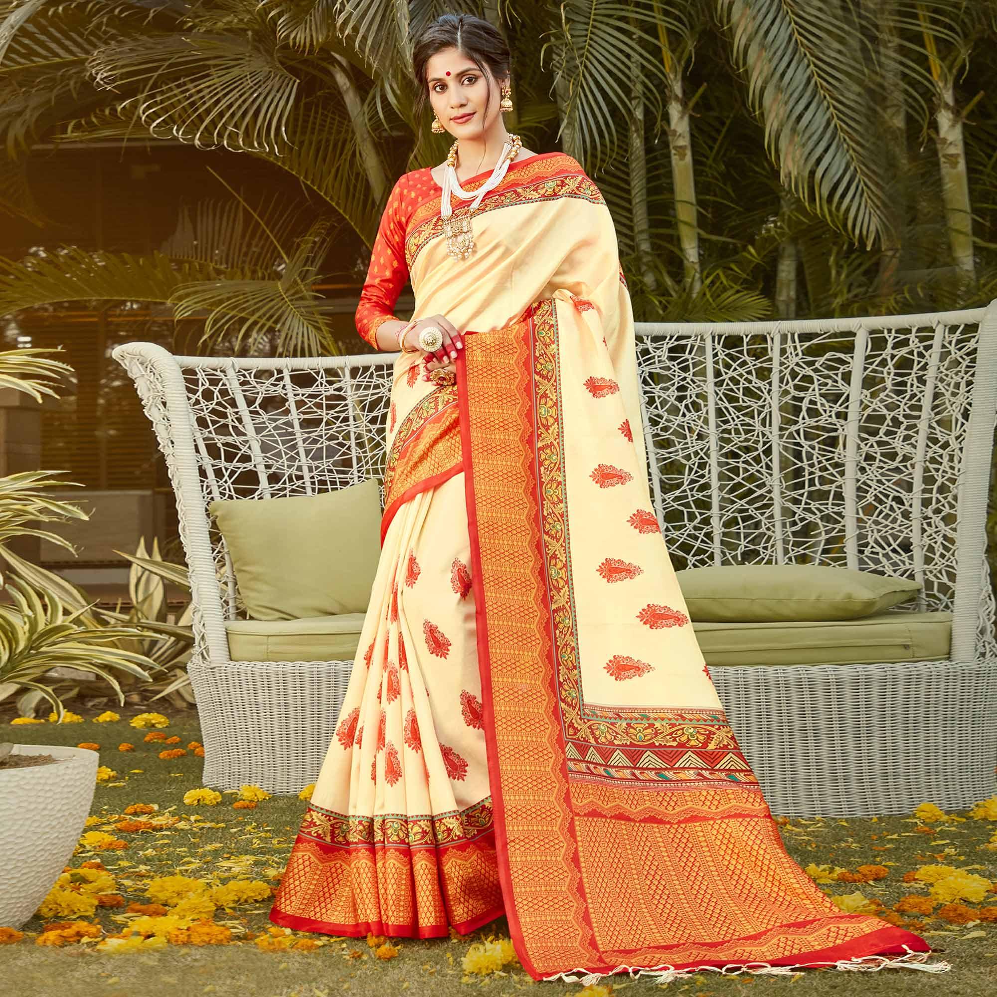 Gold Casual Wear Digital Printed Patola Silk Saree - Peachmode