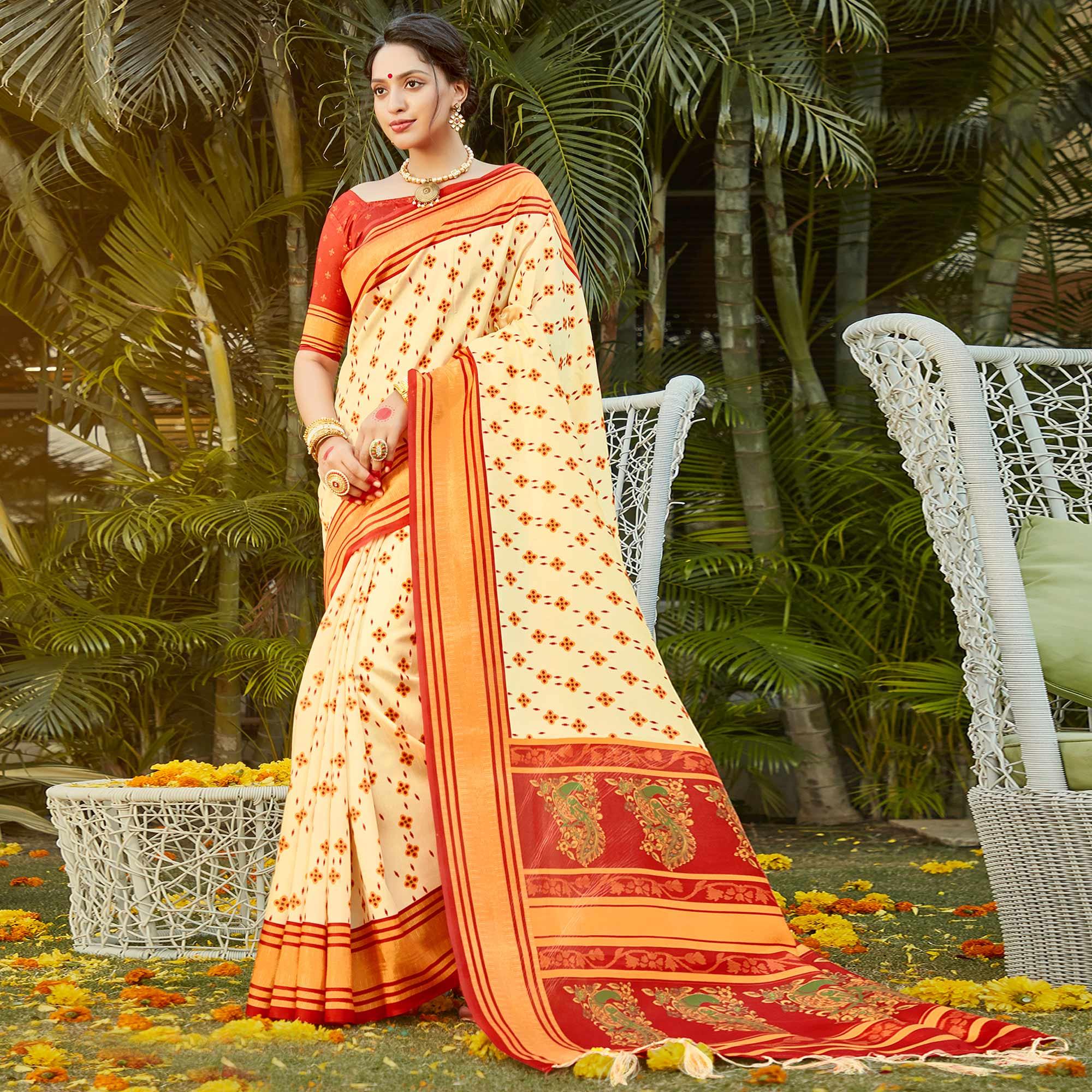 Gold Casual Wear Digital Printed Patola Silk Saree - Peachmode