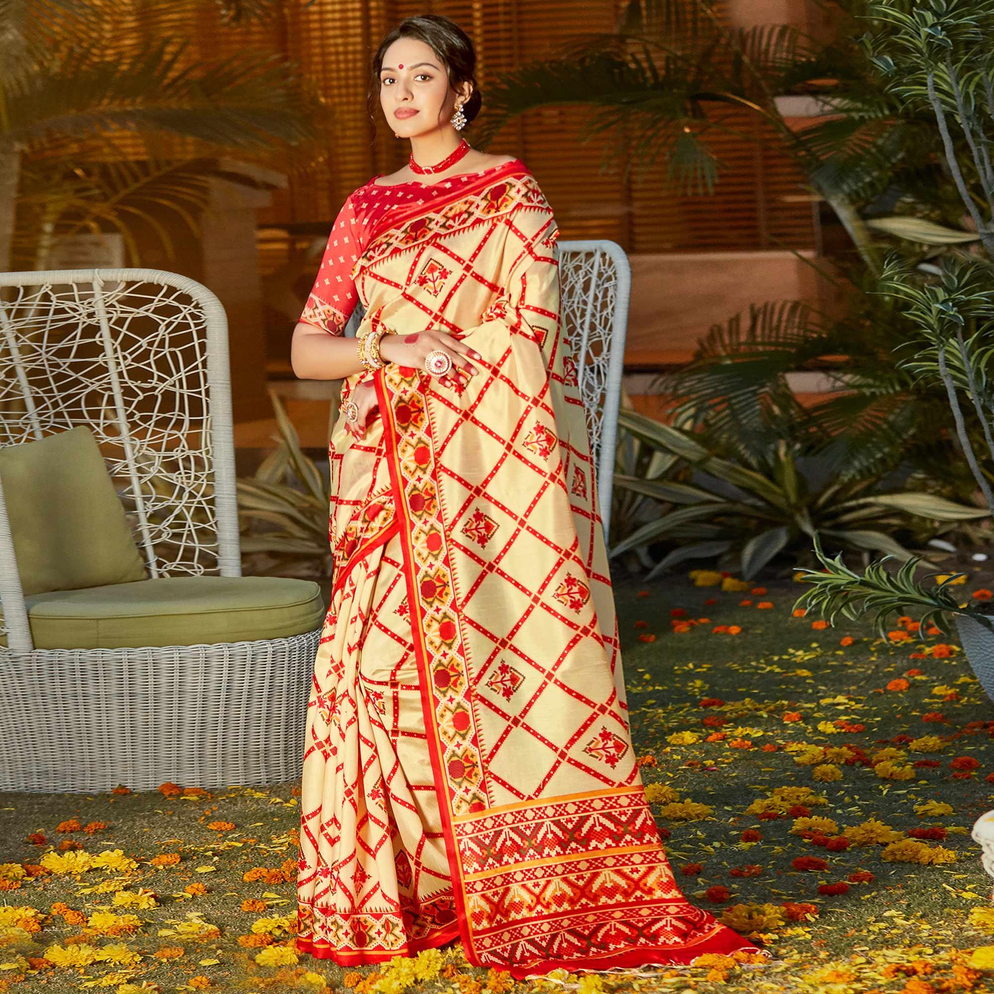 Gold Casual Wear Digital Printed Patola Silk Saree - Peachmode