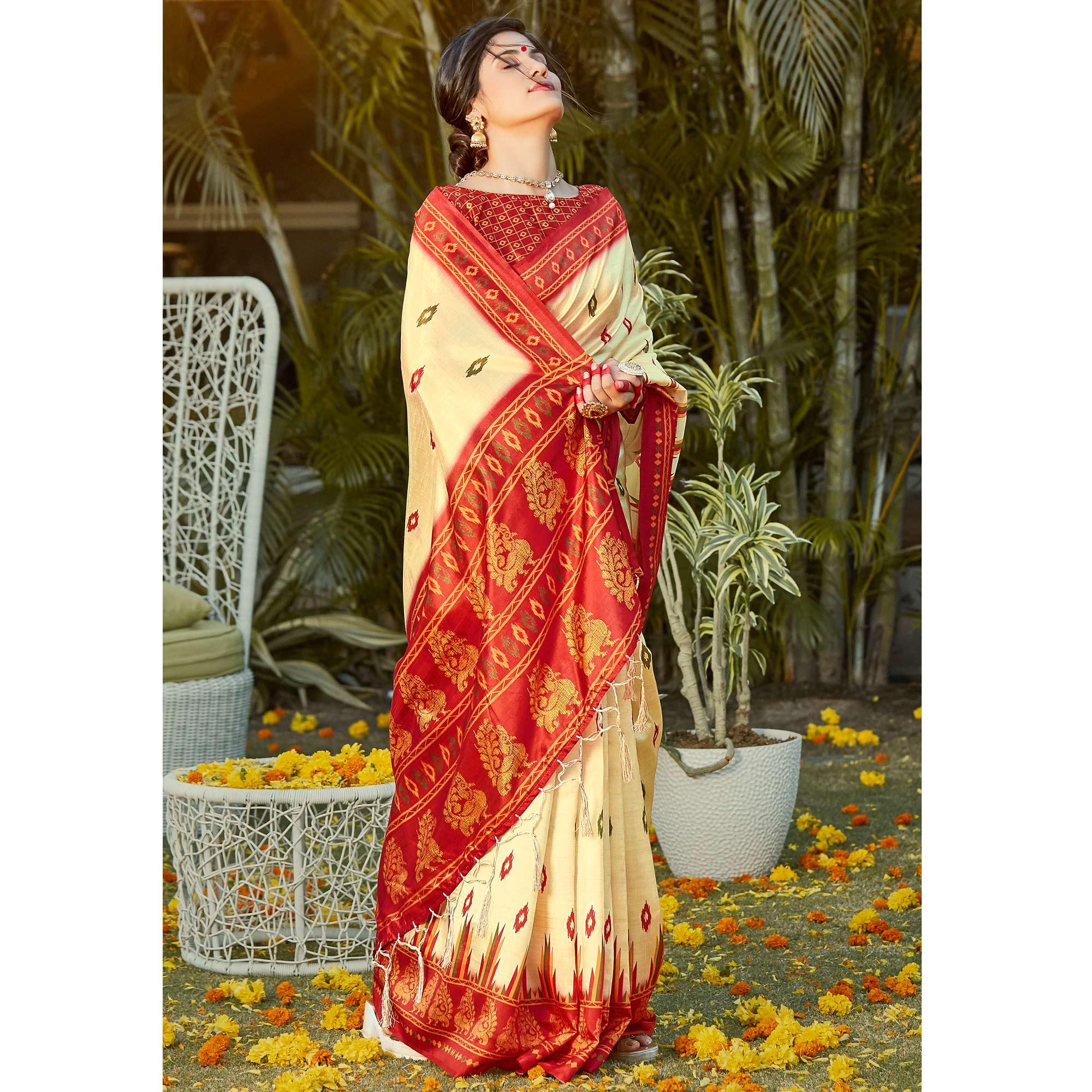 Gold Casual Wear Digital Printed Patola Silk Saree - Peachmode
